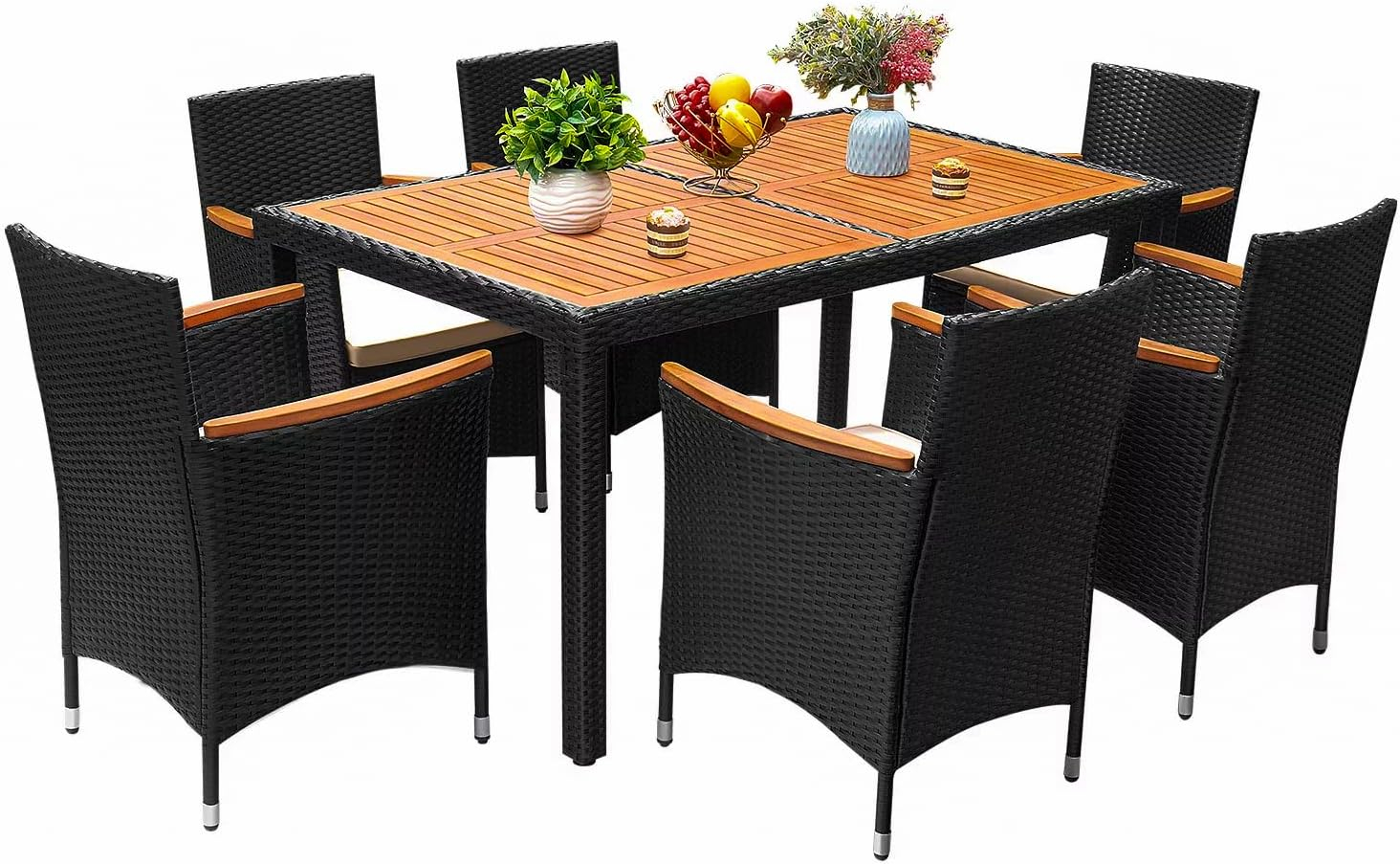 Zimtown 7 Piece Patio Dining Set, Outdoor Patio Conversation Set with Acacia Wood Table Top and Rattan Chairs and Soft Seat Cushions for Deck Backyard Garden, Black