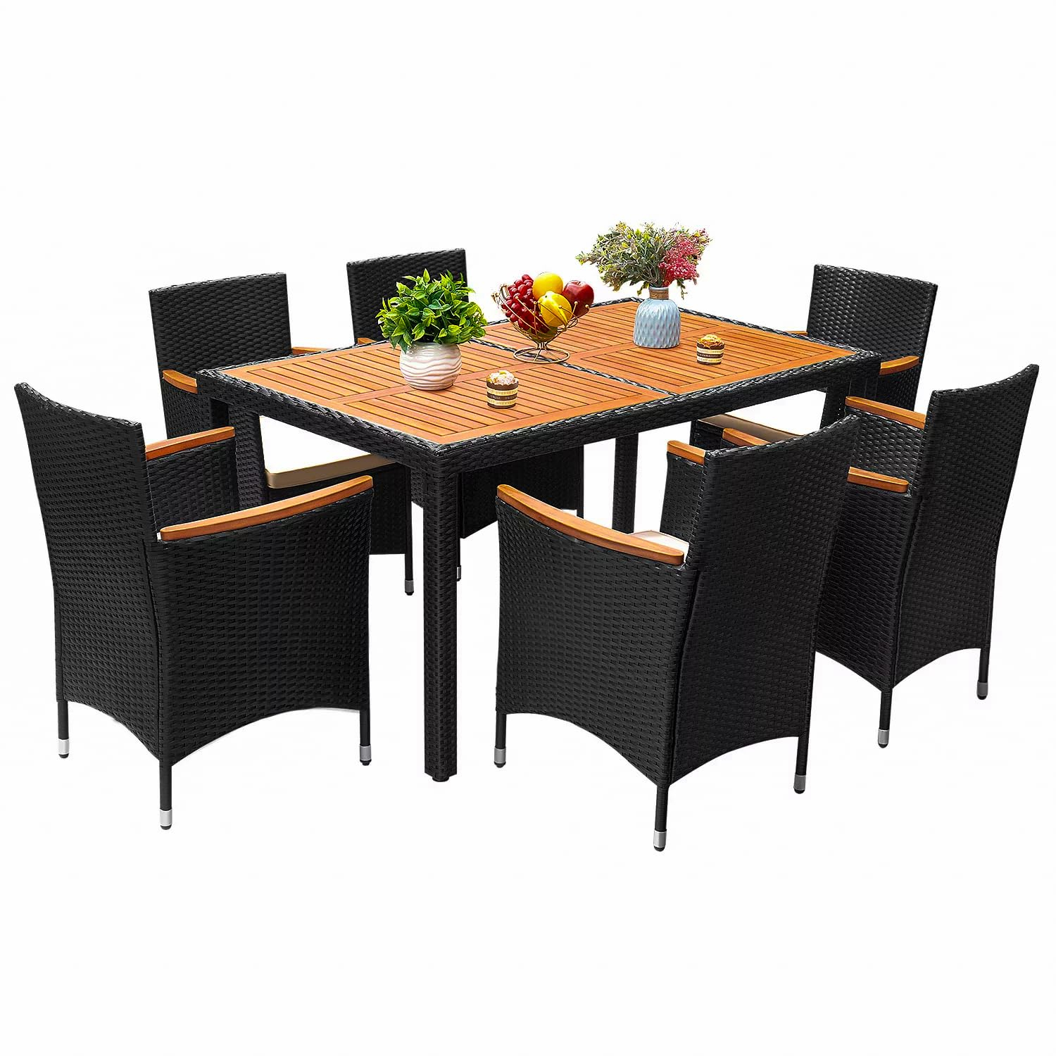 Zimtown 7 Piece Patio Dining Set, Outdoor Patio Conversation Set with Acacia Wood Table Top and Rattan Chairs and Soft Seat Cushions for Deck Backyard Garden, Black