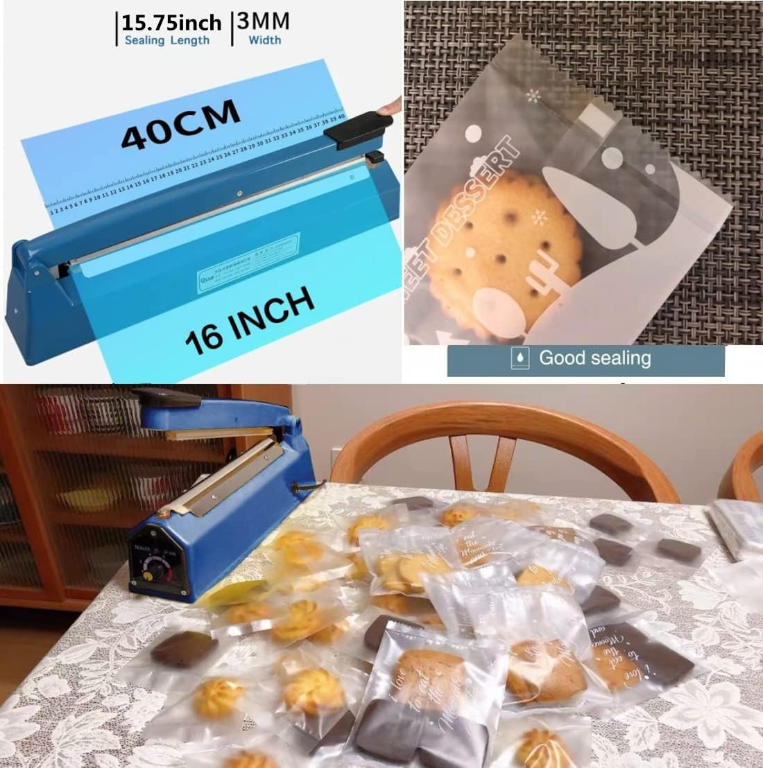 16 inch Impulse Heat Sealer Manual Bags Sealer Heat Sealing Machine Poly Bag Heat Sealer Sealing Machine for Plastic Bags PE PP Bags with Extra Replace Element Grip