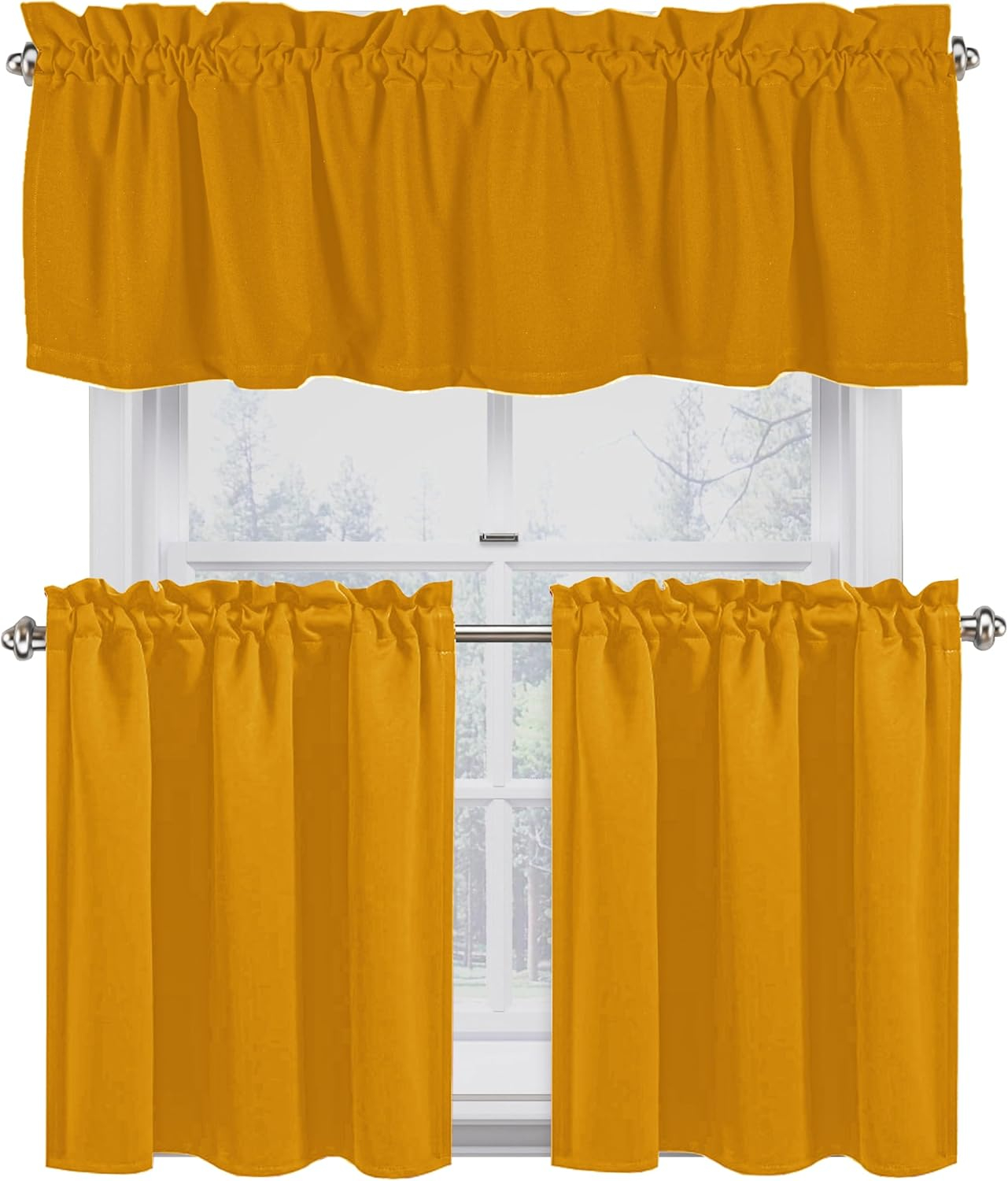 Native Fab 100% Cotton Kitchen Curtain Tiers Valance Set - Rod Pocket style 3 Pack - Mustard Yellow