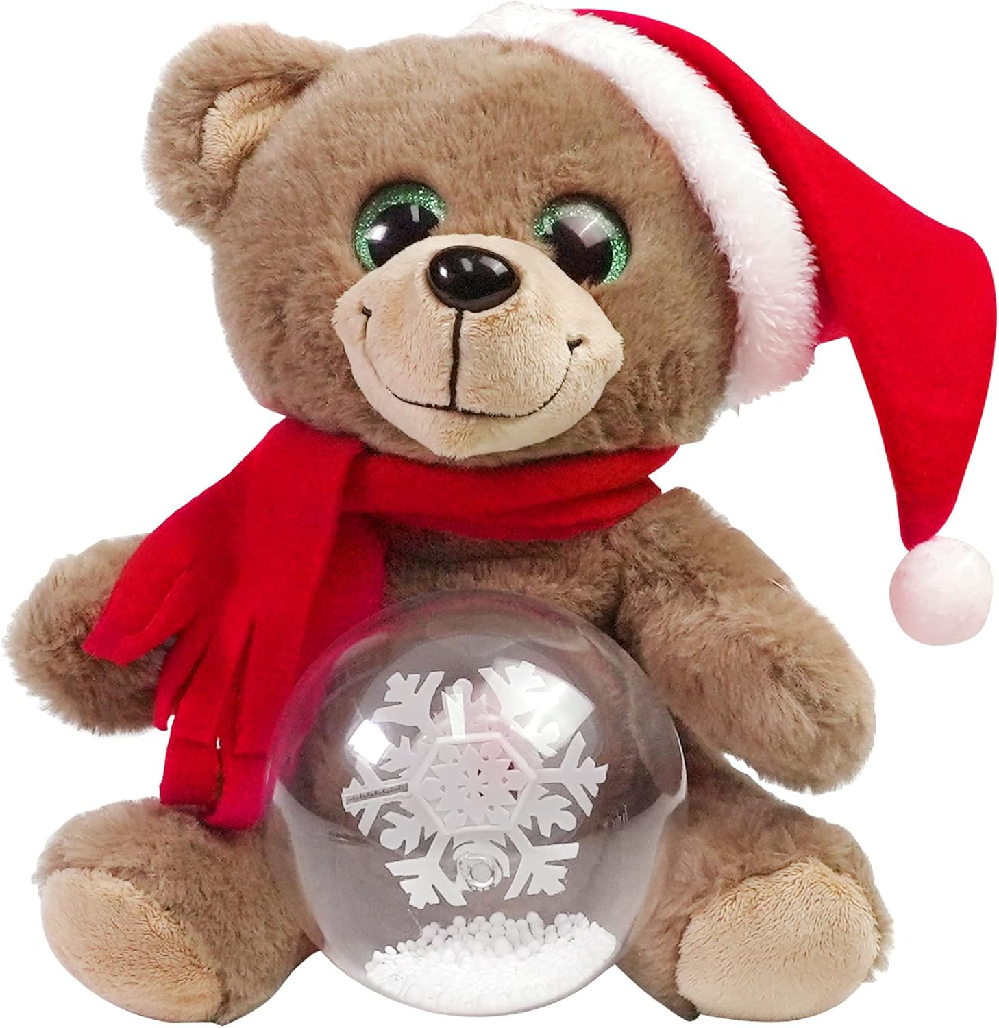 10'' Christmas Teddy Bear Stuffed Animals Plush, LED Light Glow Musical Singing Bear Plush Toys with Snow Globes, Birthday Festivals Gifts for Boys Girls (Brown)