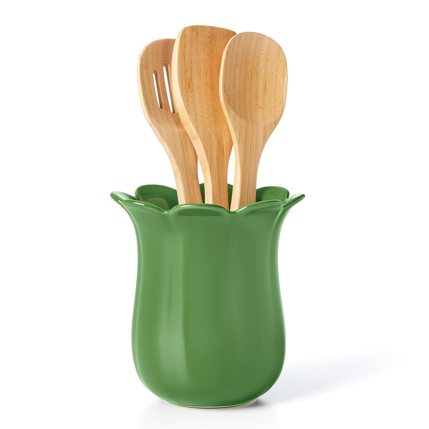 Green Ceramic Floral Utensil Crock with Light Wood Utensils