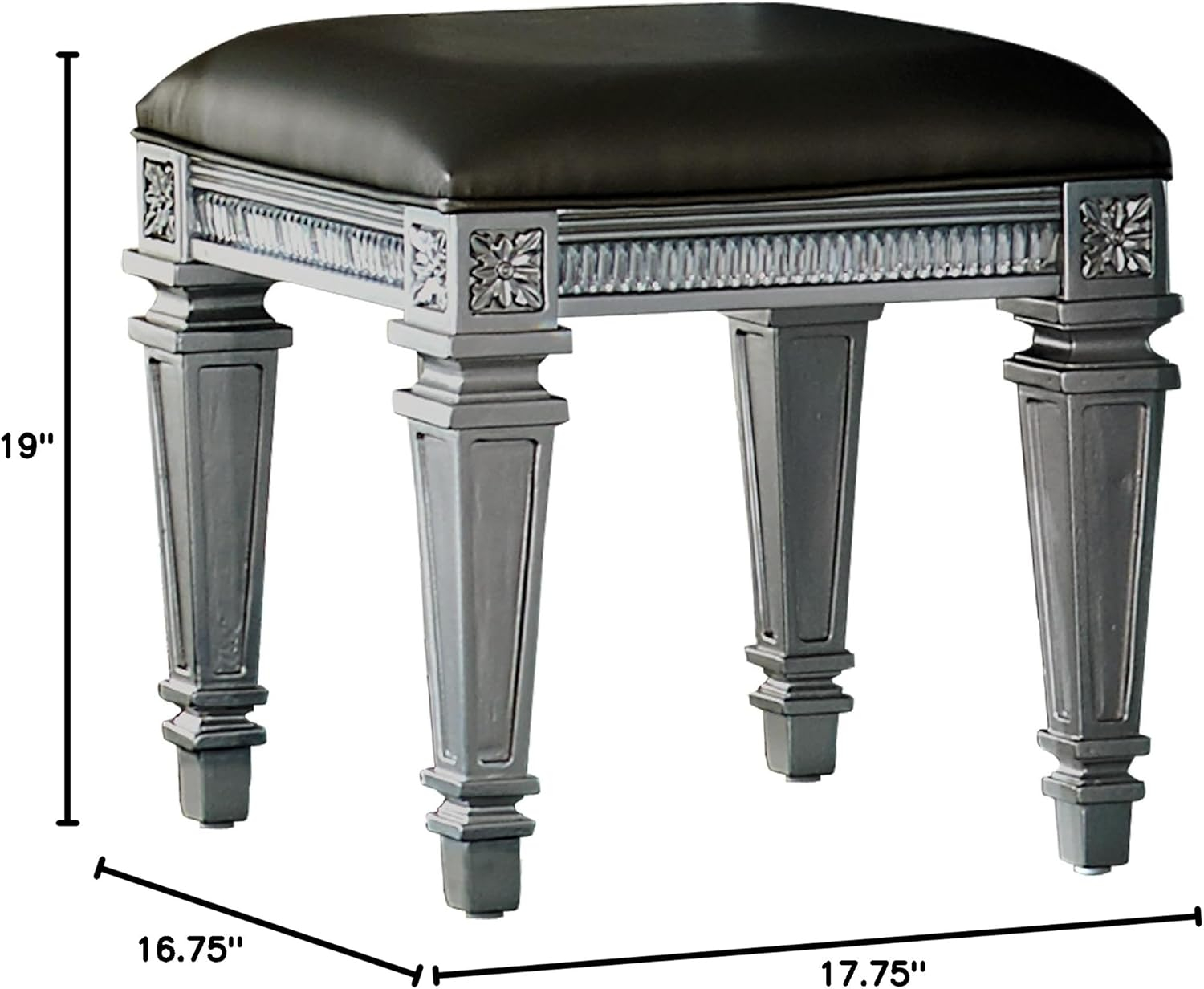 Bevelle Glam Silver Vanity Stool with Acrylic Crystal Accents