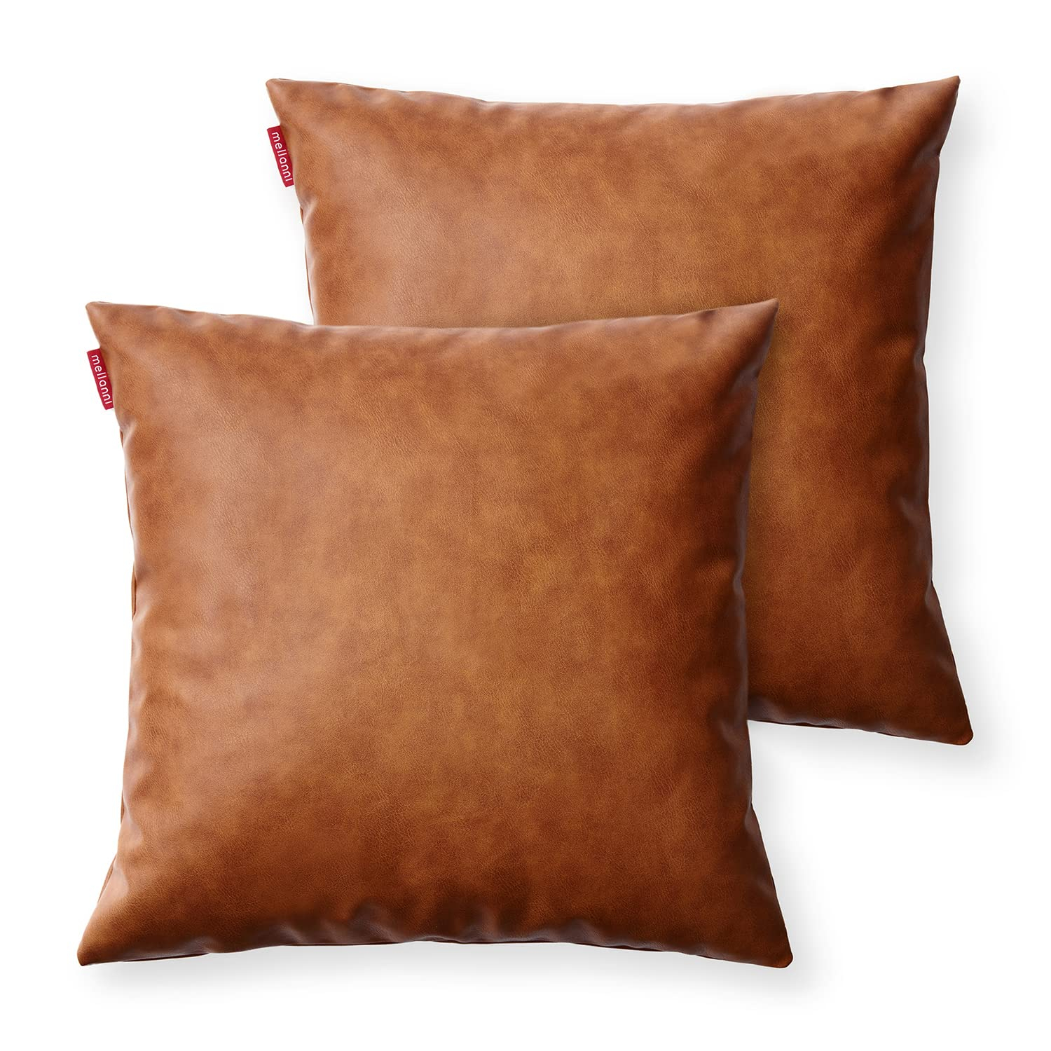 Mellanni 100% Faux Leather Throw Pillow Covers, Pillowcases with Invisible Zippered Closure, 18x18, Brown, 2 Count