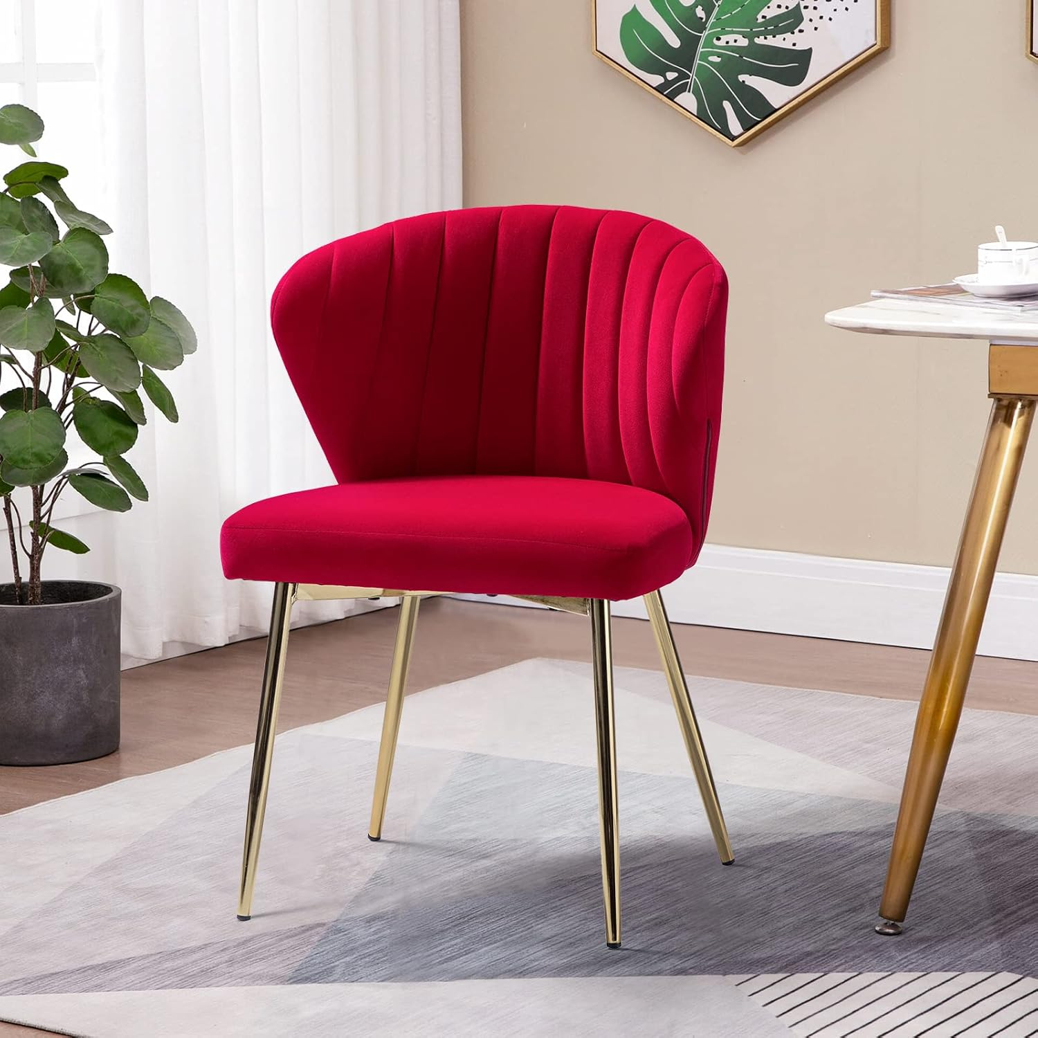 Velvet Upholstery Comfy Dining Chair Accent Channel Tufted Metal Legs Home Living Room Bedroom Kitchen Red