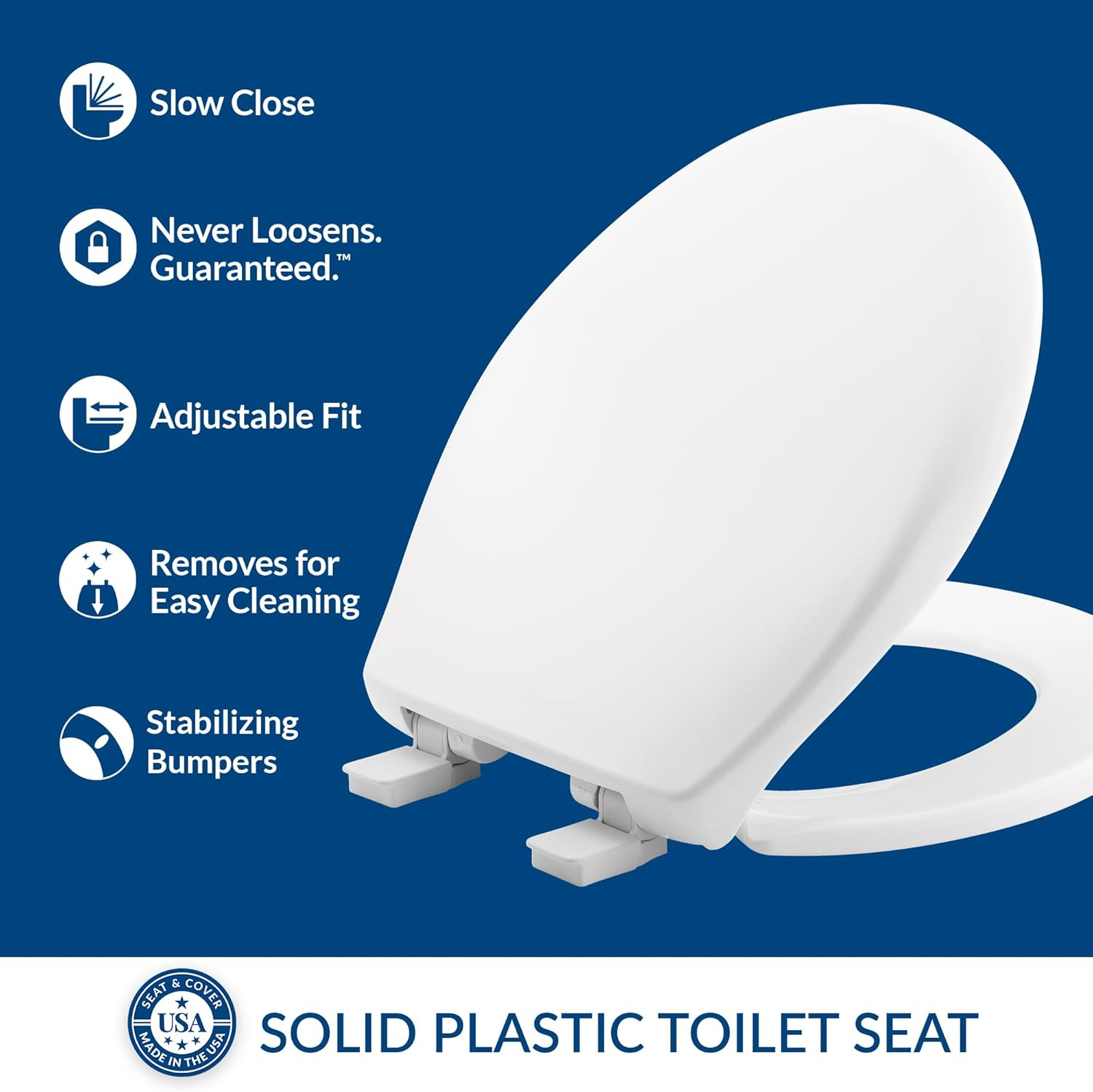 Bemis Affinity Slow Close Toilet Seat, Easy Clean Hinges and Adjustable Perfect Fit Plastic Seat, Round, Cotton White