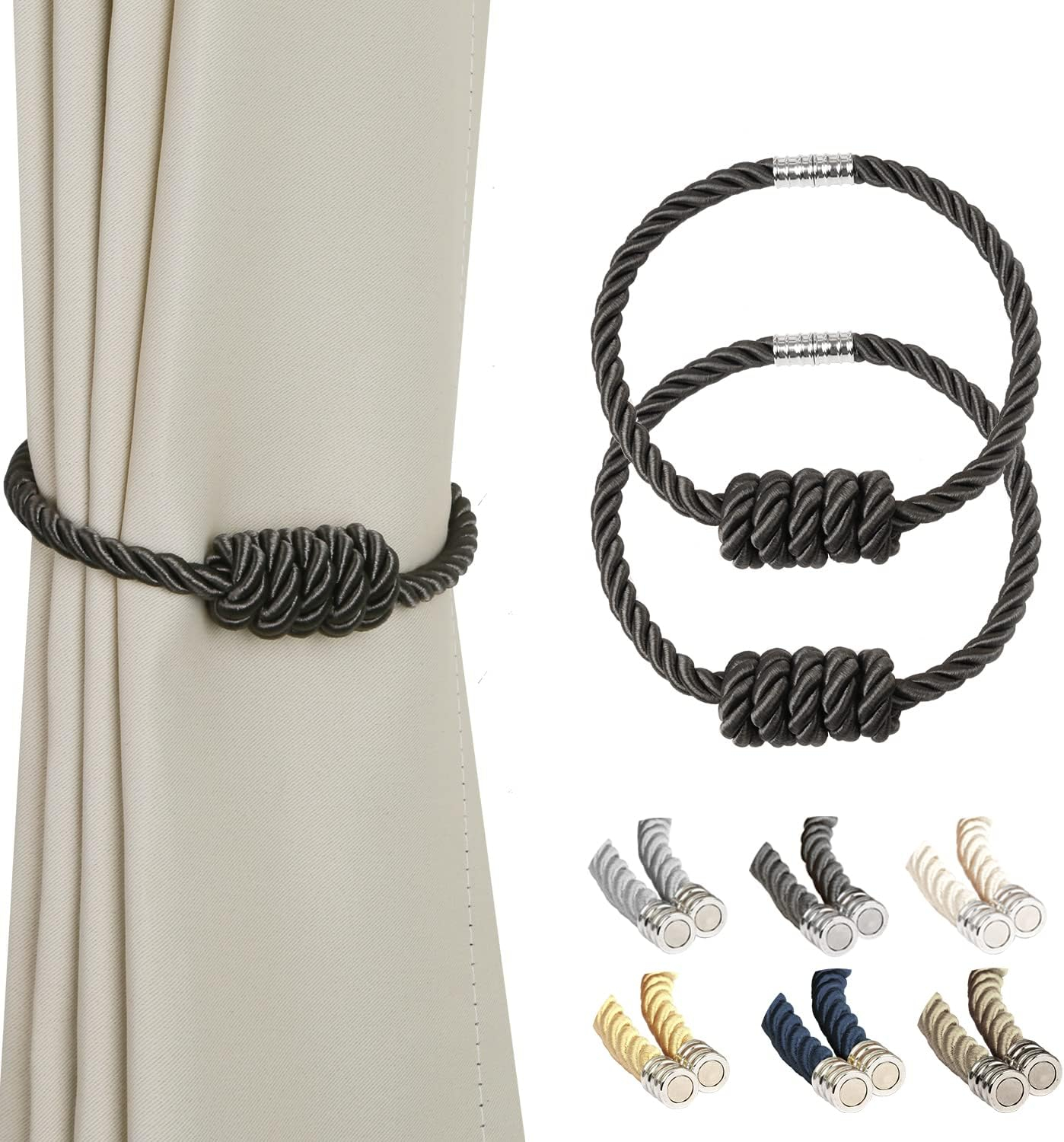 QIUYI Magnetic Jute Curtain Tiebacks, Decorative Drapery Holdbacks Bohemian Style Woven Tie-Backs with Exquisite Knot (Jute, 2 Pack)