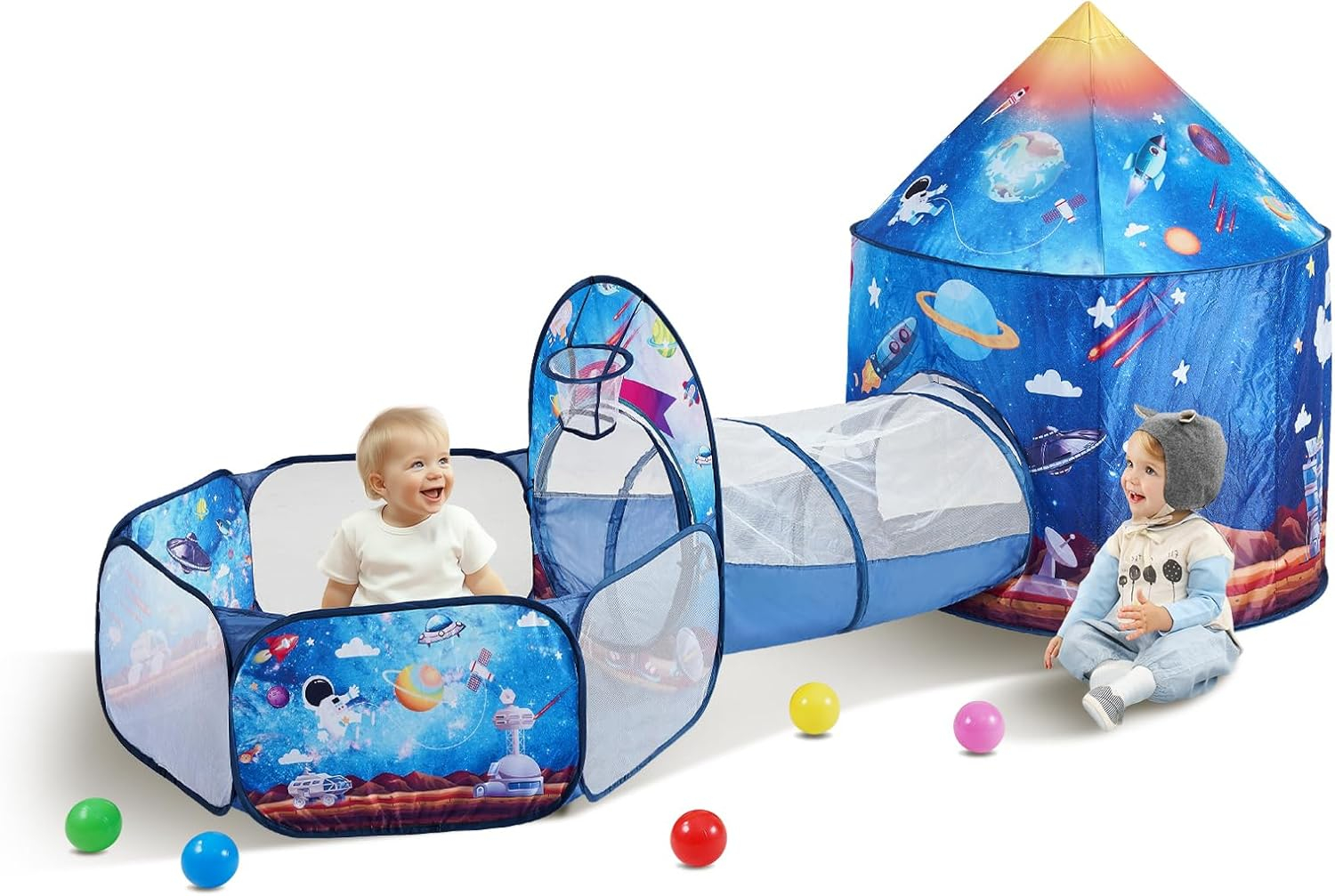 VEVOR 3 in 1 Kids Play Tent with Tunnel for Boys, Girls, Babies and Toddlers, Indoor/Outdoor Pop Up Playhouse with Carrying Bag & Banding Straps Birthday Gifts, Royal Blue Color Rocket Theme