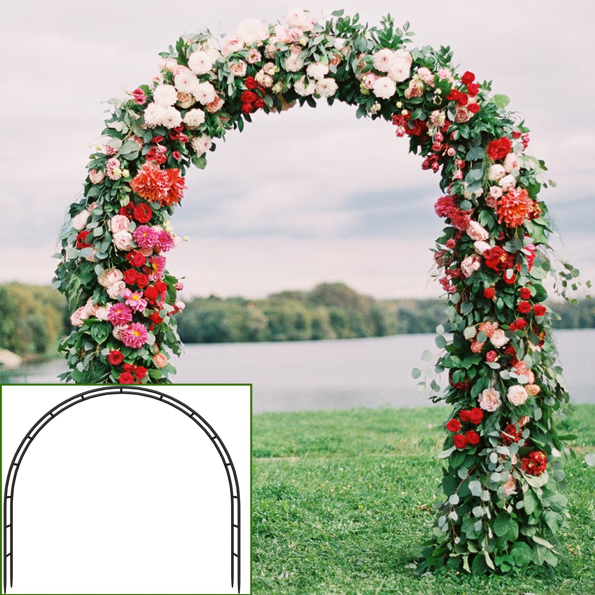 Queension Metal Wedding Arch for Ceremony Party Decoration 7Ft Wide 7.7Ft High,Garden Arch Trellis with Ground Bases for Climbing Plants,Outdoor Garden Arbor for Roses Vines, Round Frame, Black