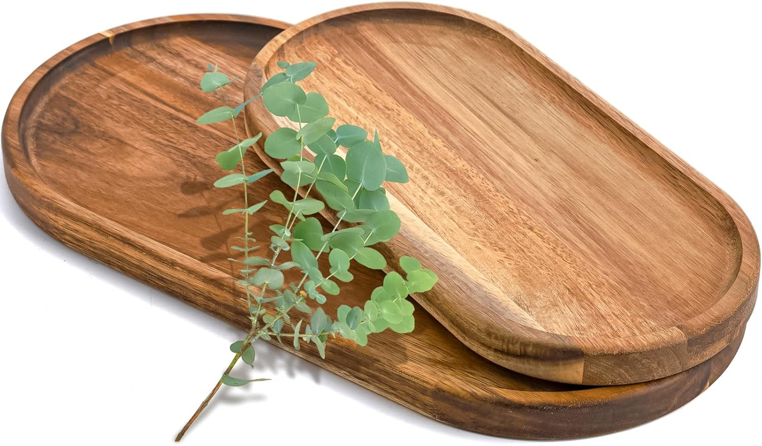 SPEShh Acacia Wooden Serving Trays Set of 2 - Rectangular Oval Shaped Wood Plates for Charcuterie Cheese Bread Fruit Vegetable Dip Sushi - Rustic Serving Platter Shallow Dishes -14x7 & 11x5.5 In.
