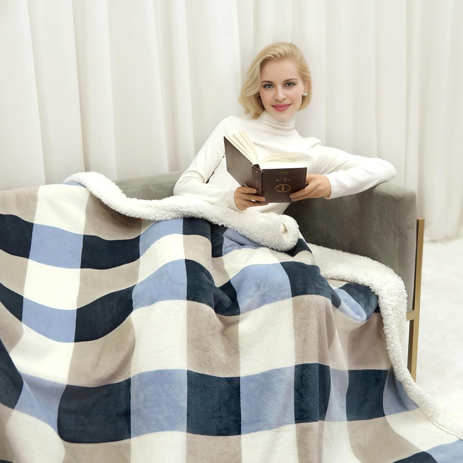 Blanket for Women, Sherpa Throw Blanket for Couch, Flannel Cozy Soft Blanket for Bed - Fleece, Gray-Soft Blue, 50x60 Inches