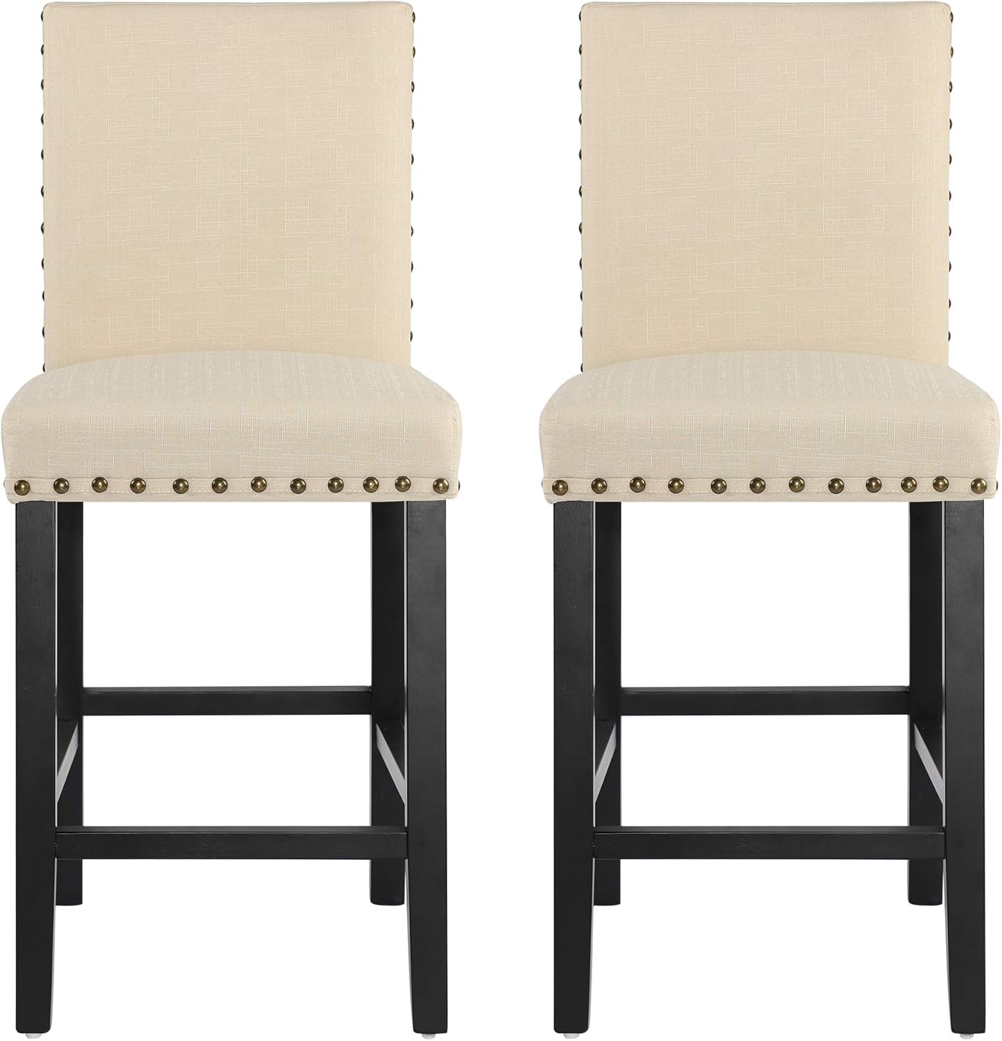 Alieon Counter Stools Nail Head Decoration 24” Soft Cushions with Solid Wood Legs (Set of 2 Beige)