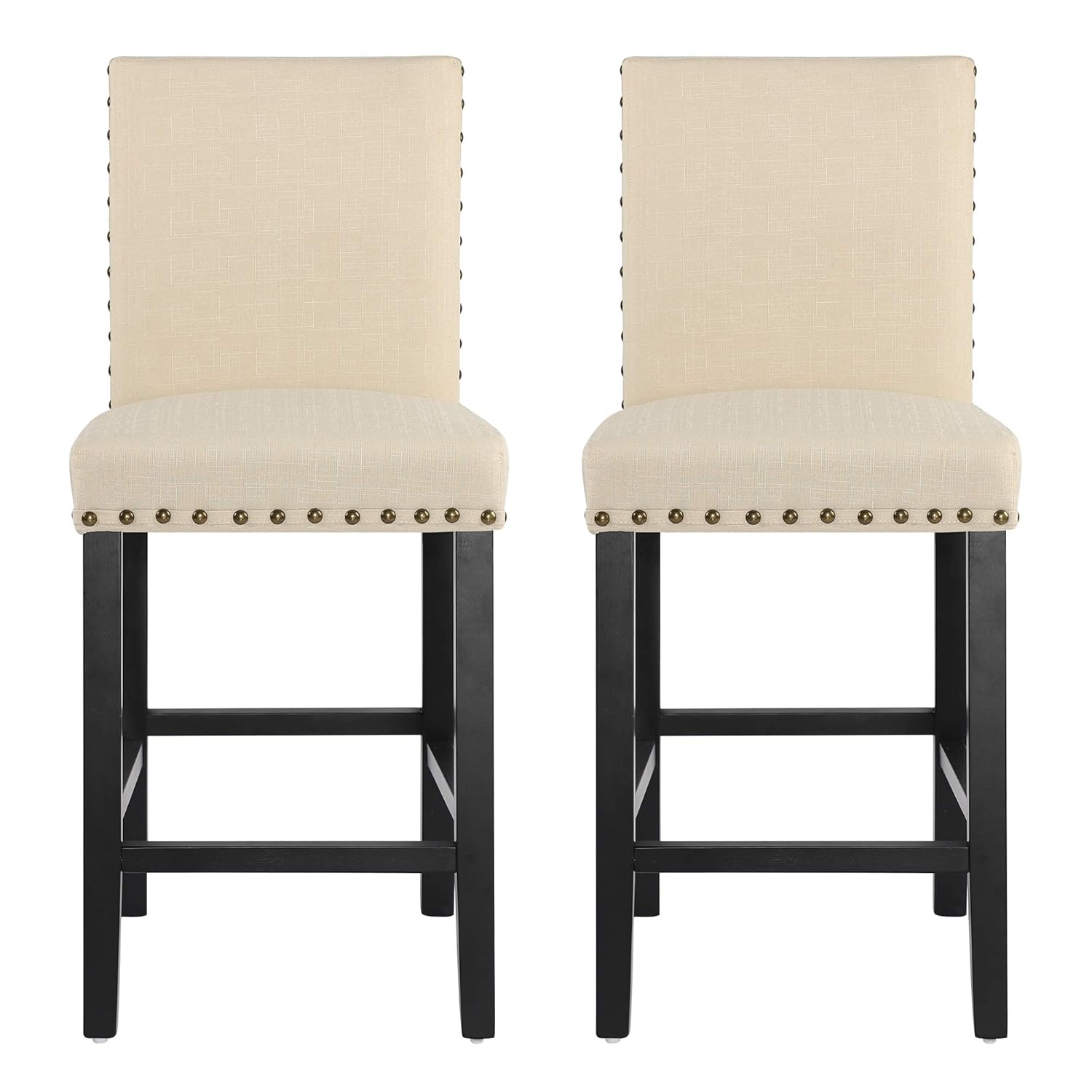 Alieon Counter Stools Nail Head Decoration 24” Soft Cushions with Solid Wood Legs (Set of 2 Beige)