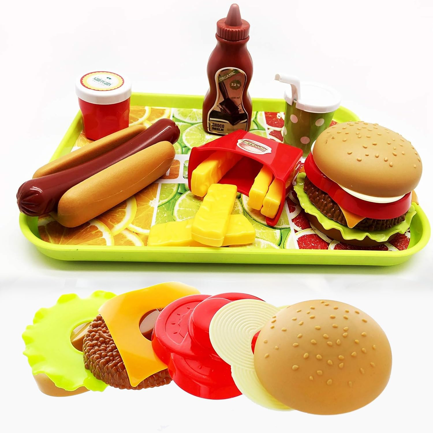 GiftExpress Burger & Chess Fast Food Cooking Play Set for Kids with Hamburger, Fries, Hot Dog, Coke, Ketchup, Milk, Sauce and Tray