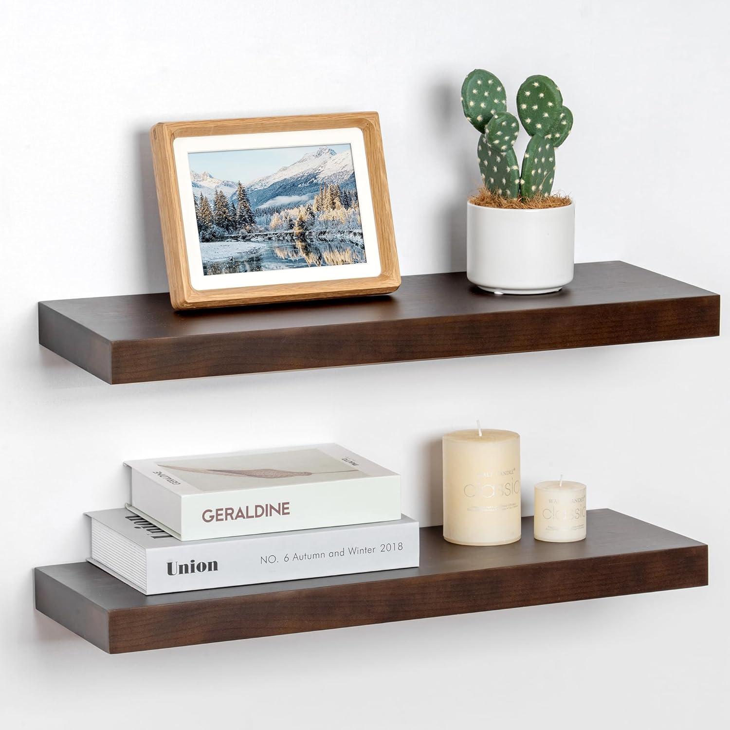 24 Inch Floating Shelves Set of 2, Rustic Solid Wood Wall Mounted Shelves for Decor & Storage, Dark Walnut Shelves for Bedroom Kitchen Living Room - Dark Walnut