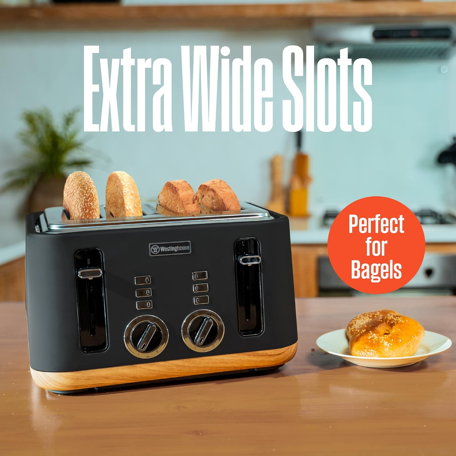 Black and Wood Finish 4-Slice Toaster with Wide Slots and Crumb Tray