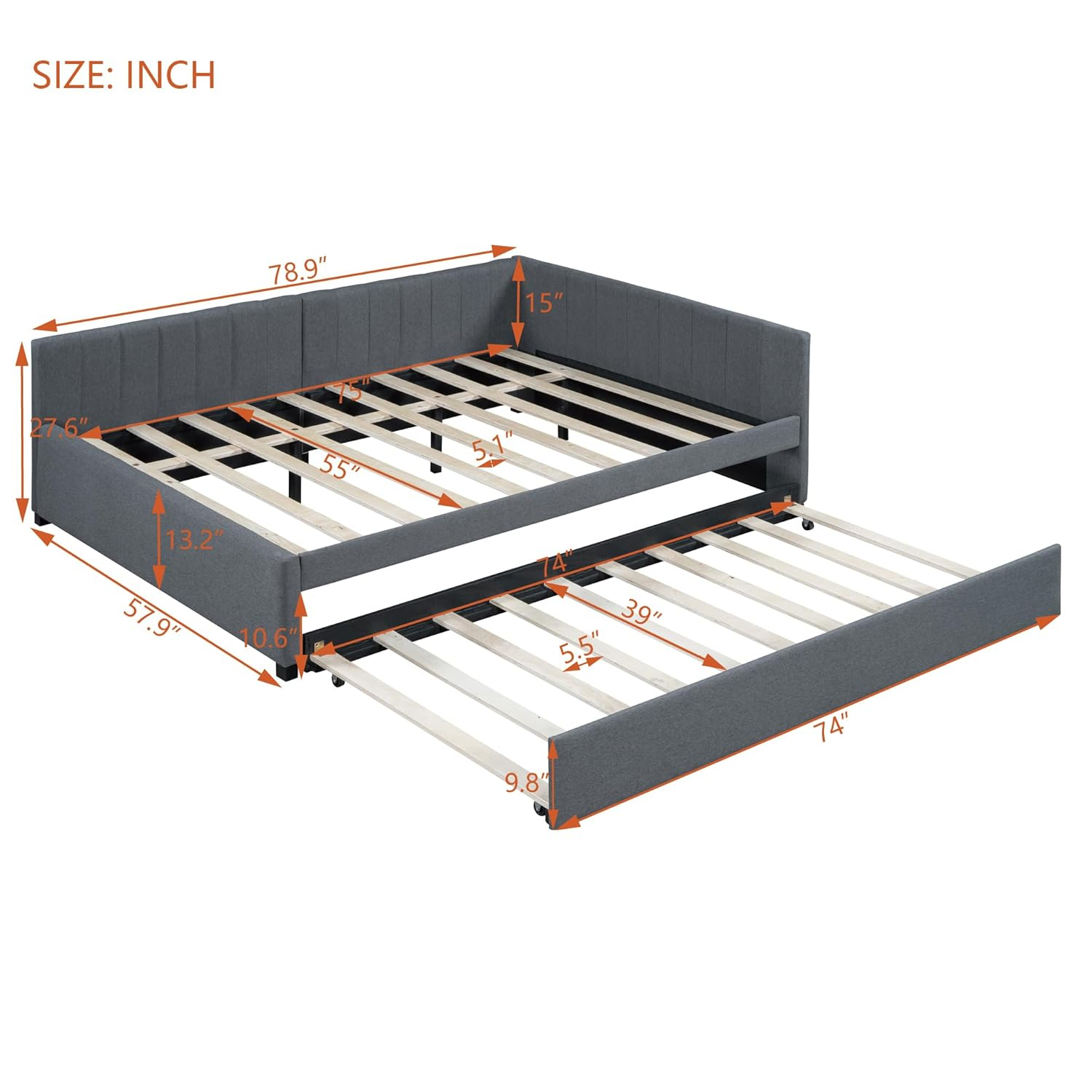 Linen Daybed, Full Solid Wood Daybed with Twin Size Trundle Bed, Bed Frame with Support of Slats, Maximize Space for Living Room, Bedroom and Guest Room, Gray