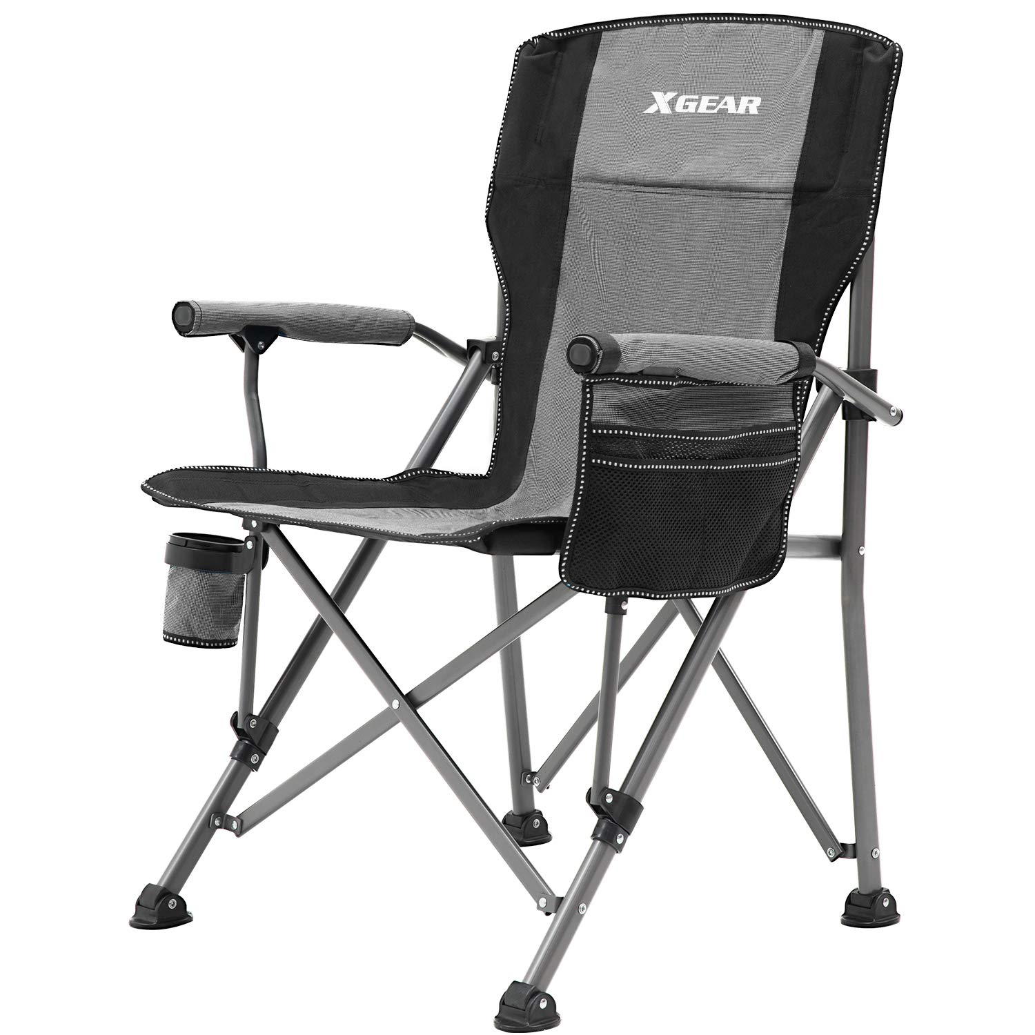 XGEAR Camping Chair Hard Arm High Back Lawn Chair Heavy Duty with Cup Holder, for Camp, Fishing, Hiking, Outdoor, Carry Bag Included