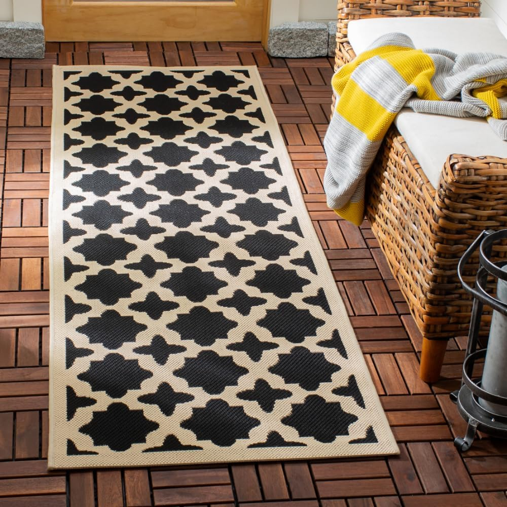 SAFAVIEH Courtyard Amanda Geometric Indoor/Outdoor Runner Rug, Black/Beige, 2'3" x 10'