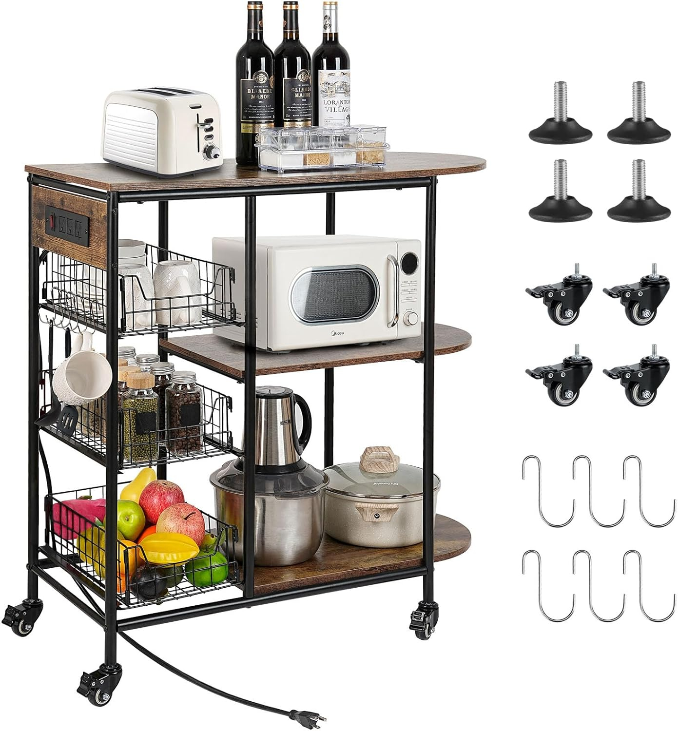 Kitchen Bakers Rack with Power Outlet, Microwave Stand with 3 Pull-Out Fruit Basket Storage, Coffee Bar Carts Table on 4 Wheels, 6 S-Hook Storage Shelf for Spice Rack Organizer Workstation, 33.9 inch