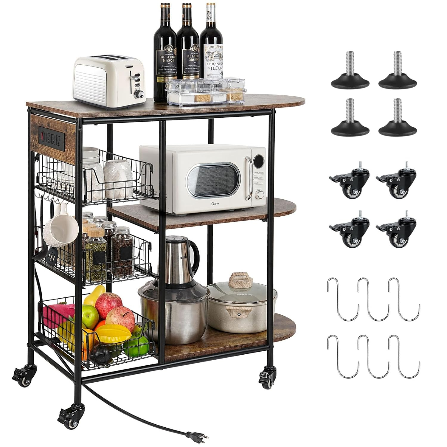 Kitchen Bakers Rack with Power Outlet, Microwave Stand with 3 Pull-Out Fruit Basket Storage, Coffee Bar Carts Table on 4 Wheels, 6 S-Hook Storage Shelf for Spice Rack Organizer Workstation, 33.9 inch