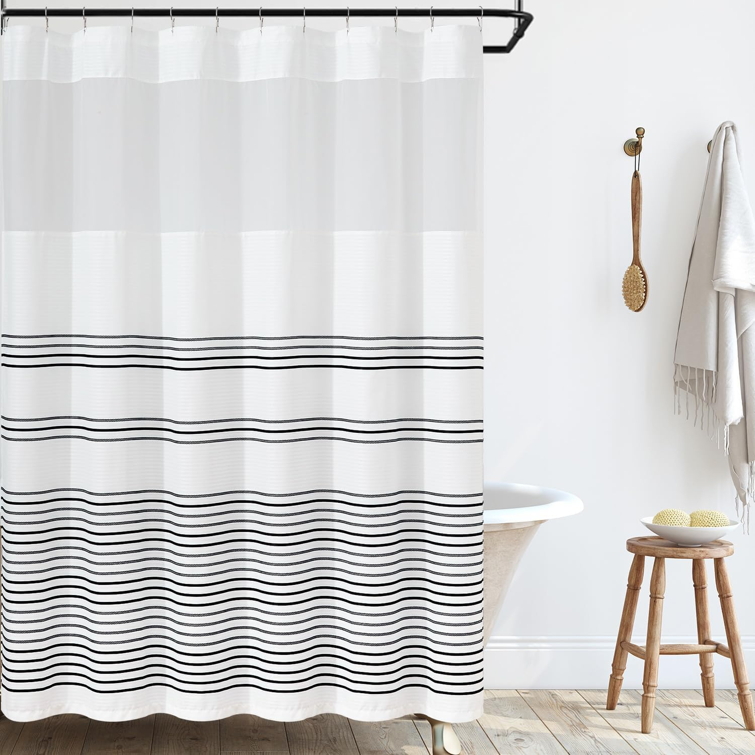 Black and White Shower Curtain Fabric Shower Curtain for Bathroom Modern Black Striped Shower Curtain Fall Waterproof in Bath 72x72 inches Long Shower Curtains Set with Curtain Hooks