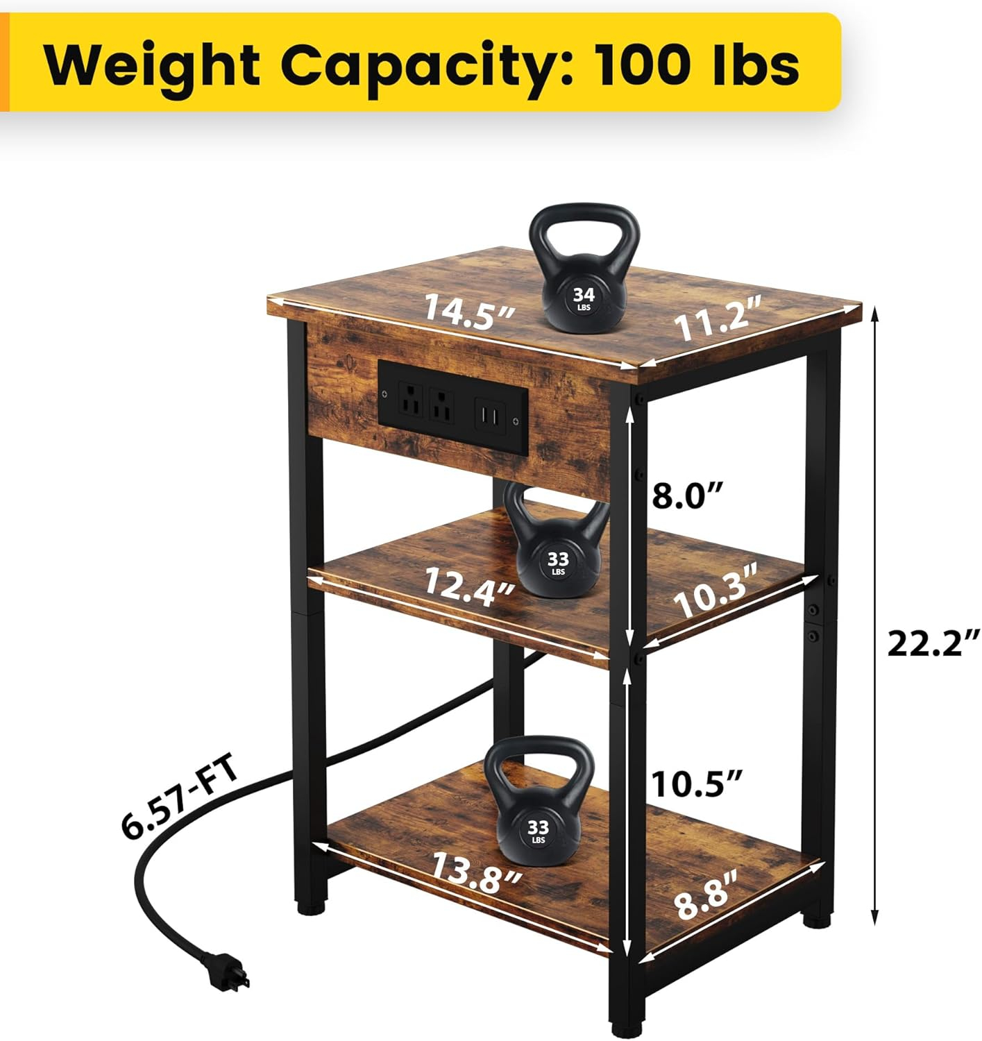 Rustic Brown 3-Tier End Tables with USB Charging Station
