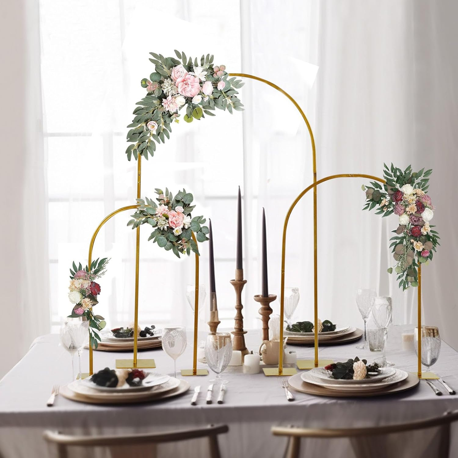 TABLECLOTHSFACTORY Set of 3 Gold Metal Wedding Cake Chiara Arch Table Centerpieces with Rounded Top, Flower Stand Frame with Detachable Base - 20",23",35" For Party & Decorations