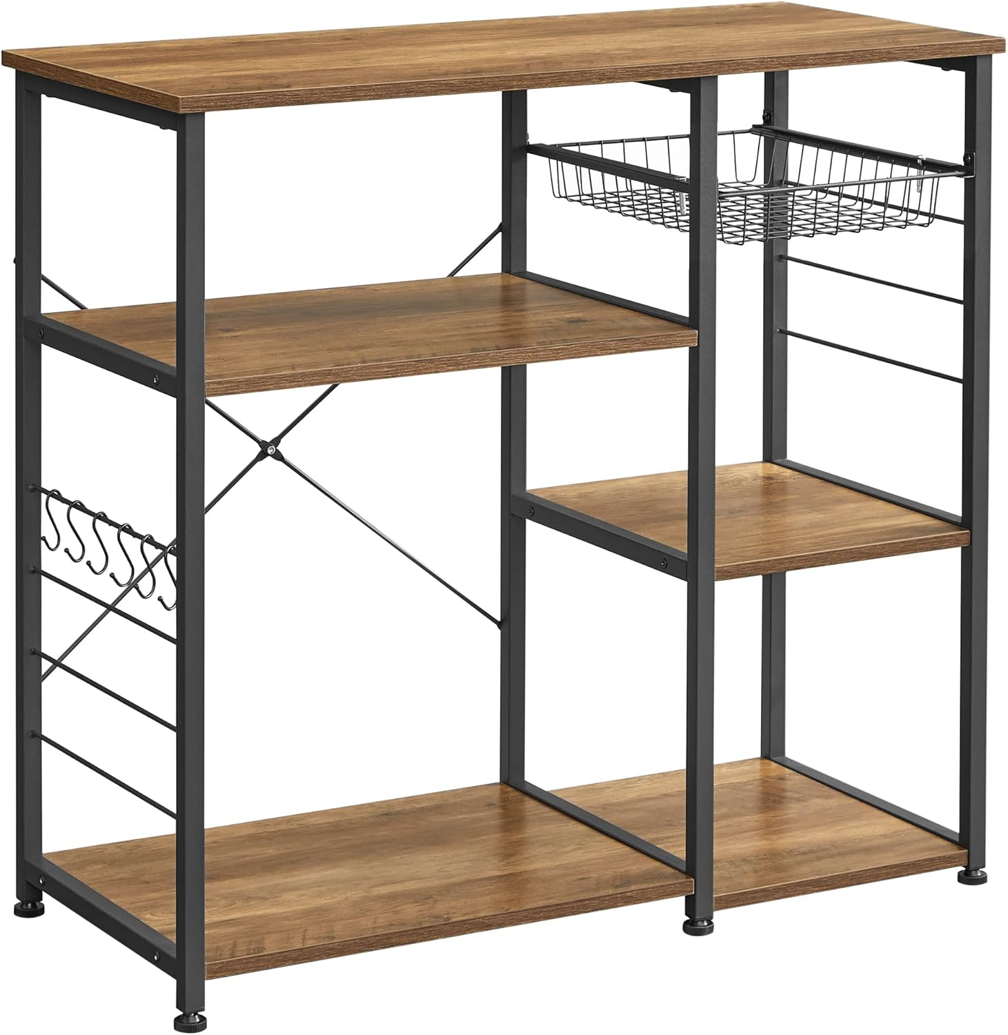 ALINRU Kitchen Baker’s Rack Coffee Bar Microwave Oven Stand 6 Hooks for Mini Oven Rustic Walnut and Black