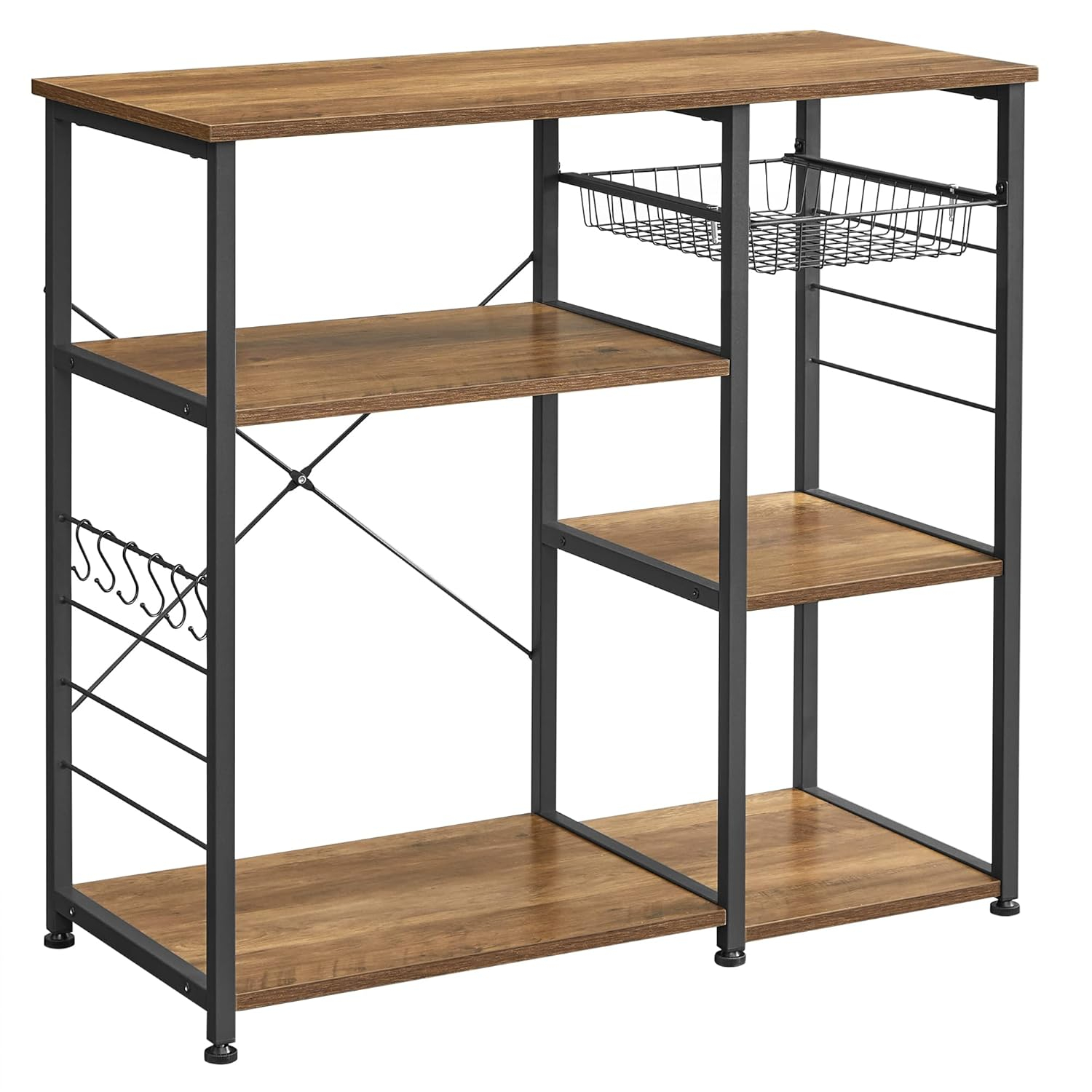 ALINRU Kitchen Baker’s Rack Coffee Bar Microwave Oven Stand 6 Hooks for Mini Oven Rustic Walnut and Black