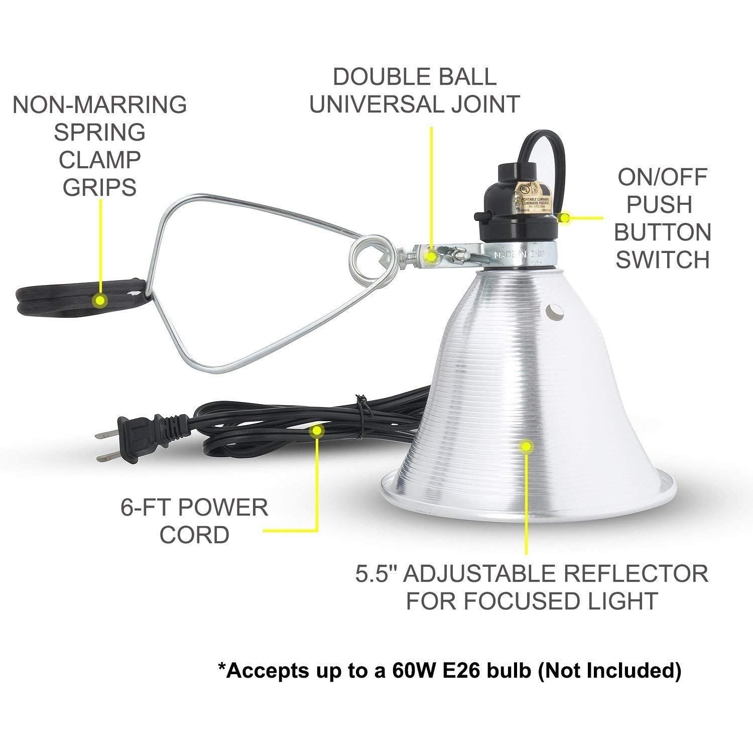 Simple Deluxe 6-Pack Clamp Lamp Light with 5.5'' Aluminum Reflector, 60 Watt E26 (No Bulb Included), 6 Feet 18/2 SPT-2 Cord, for Reptiles Plants Growing
