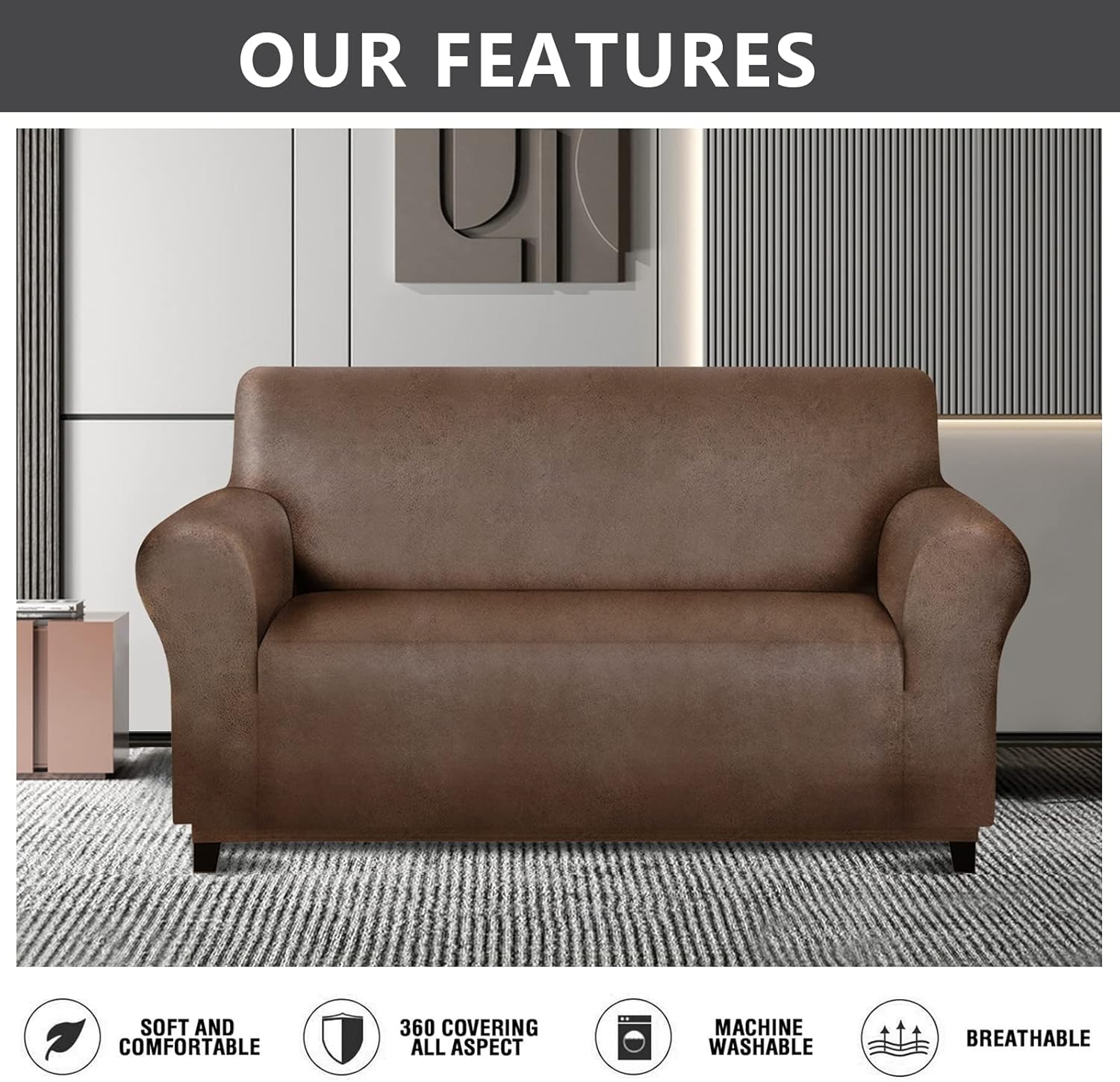 molasofa Loveseat Covers - Couch Cover for Leather Couches, Soft and Washable Loveseat Covers with Leather-Like Quality. Non-Pilling, Non-Slip 1-Piece Couch Cover for Pets and Kids (Dark Brown)