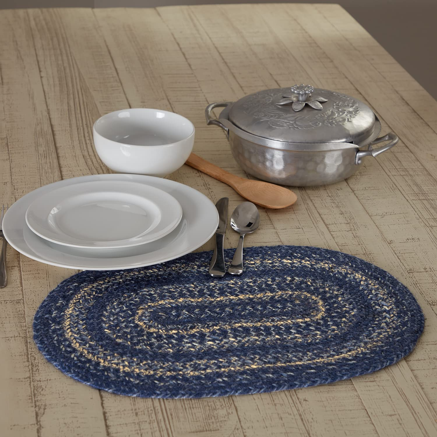 VHC Brands Farmhouse Great Falls Blue Table Placemat, Blue White, Jute Blend, Oval, 10x15 Inches