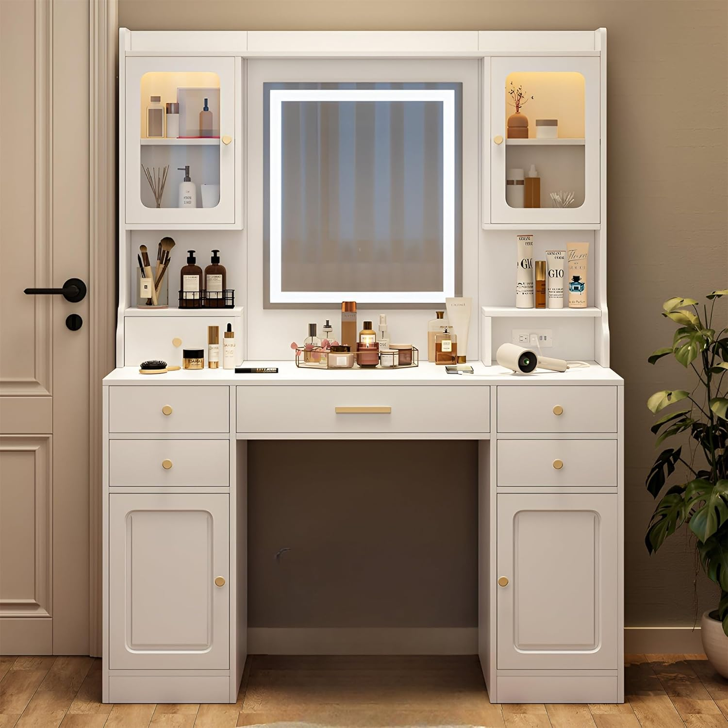 Makeup Vanity Desk with Mirror and Lights, Large Vanity Table Set with 6 Drawers & 2 Storage Cabinet & Shelves with Doors, with Charging Station, 3 Lighting Modes Brightness Adjustable