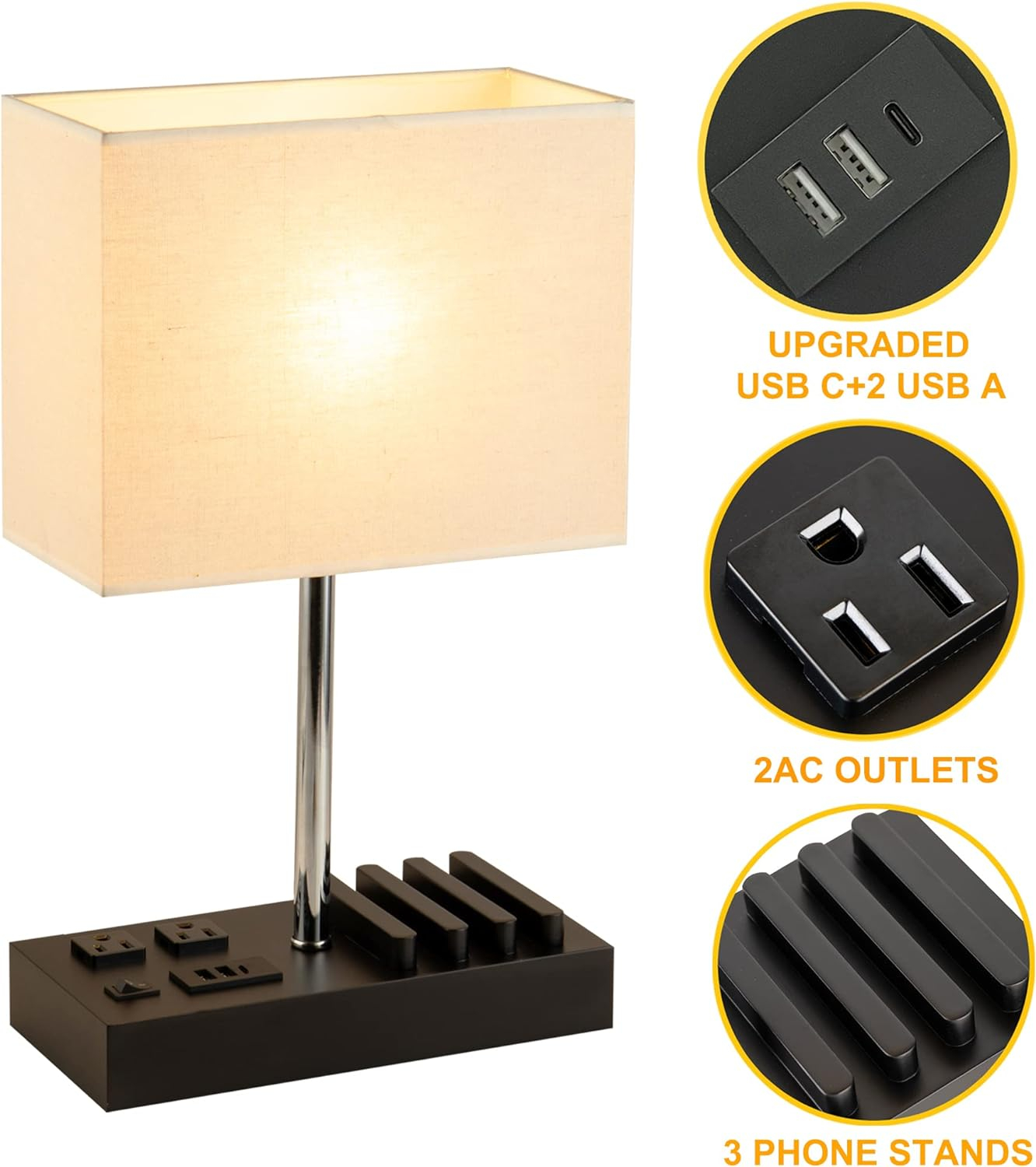 Briever Upgraded 3 USB Table Lamp with 2 USB A & C Charging Ports, Bedside Desk Lamp with 2 AC Outlets and Wooden Phone Stand Organizer, Ideal Nightstand Lamp for Bedroom, Guest Room, Office