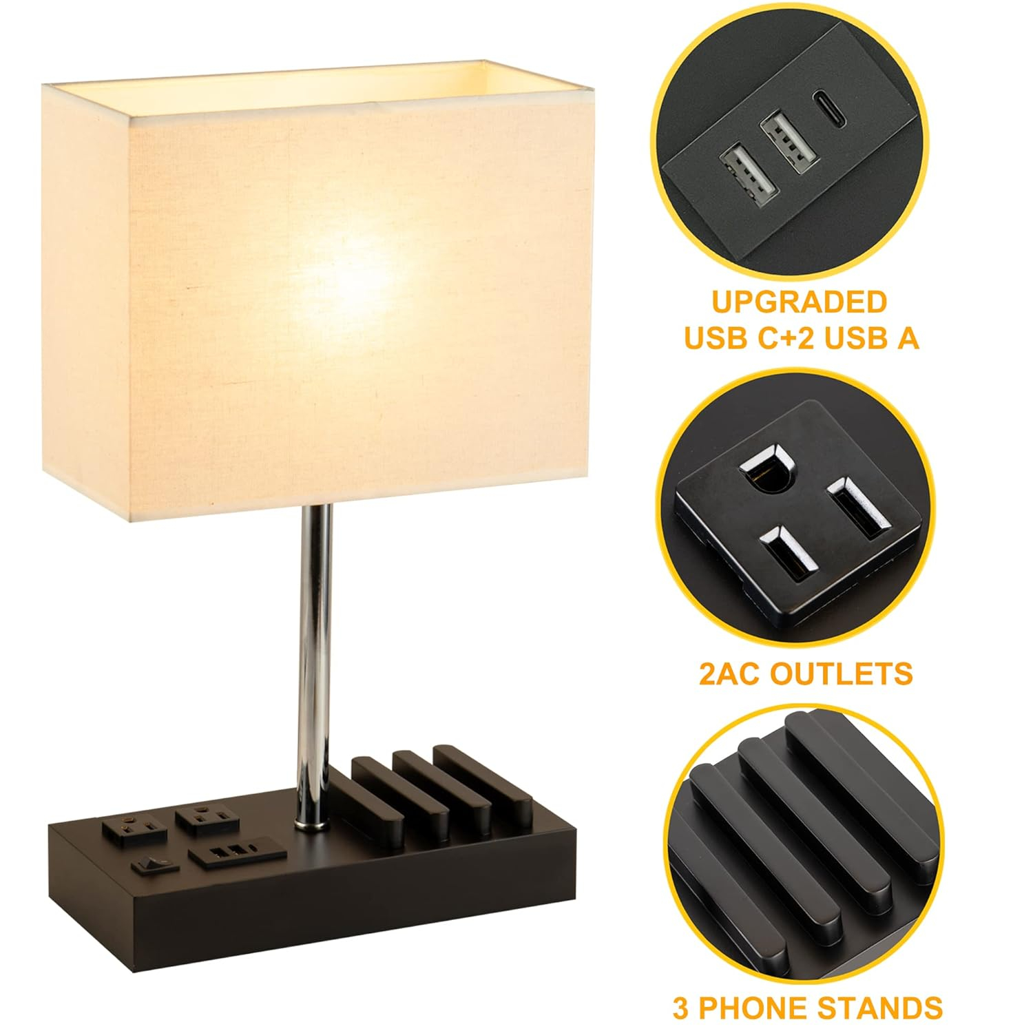 Briever Upgraded 3 USB Table Lamp with 2 USB A & C Charging Ports, Bedside Desk Lamp with 2 AC Outlets and Wooden Phone Stand Organizer, Ideal Nightstand Lamp for Bedroom, Guest Room, Office