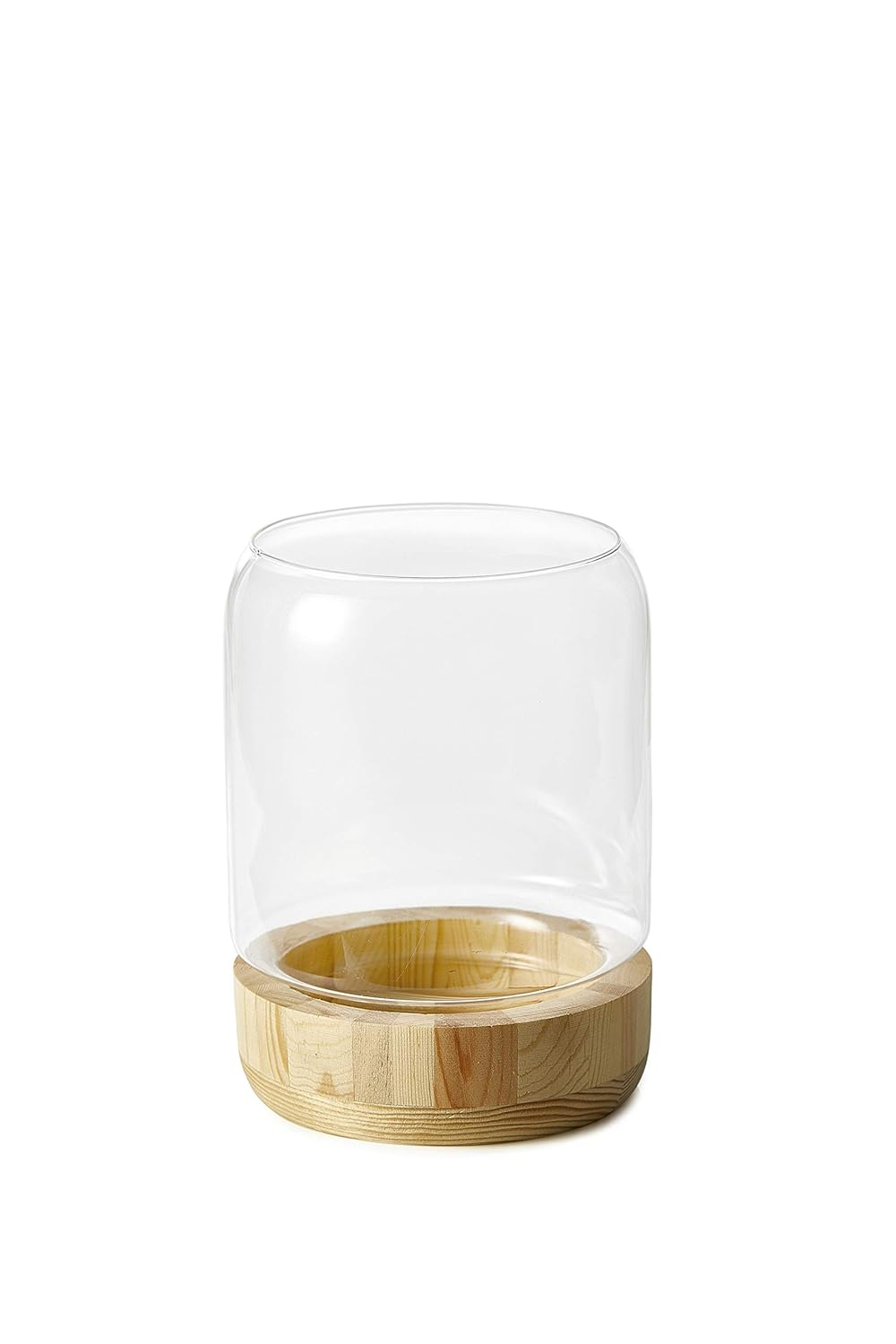 Serene Spaces Living Large Glass Candle Holder Hurricane with Wood Base, Decorative Accent for Wedding, Party, Event, Home Decor, Measures 8" Tall and 6" Diameter