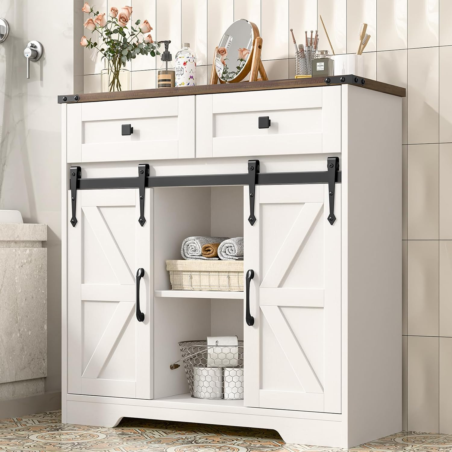 Farmhouse Storage Cabinet, Bathroom Cabinet with Sliding Barn Doors, Floor Storage Cabinet with Adjustable Shelves and 4 Drawers for Kitchen, Living Room, Dining Room, Modern White