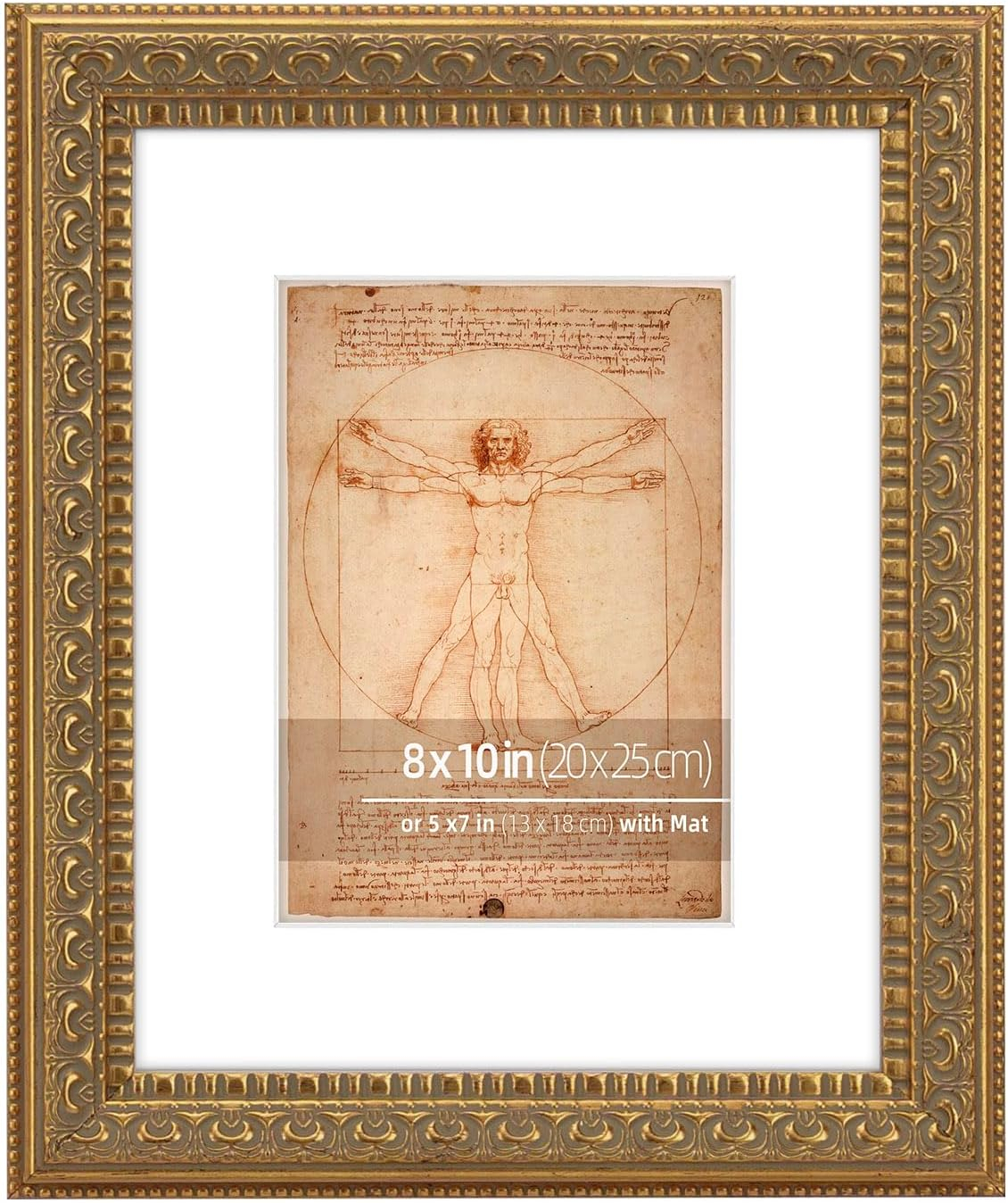 8x10 in Antique Gold Ornate Classic Picture Frame, Matted for 5x7 Photos, Real Glass Protection, Tabletop or Wall Mounting Display