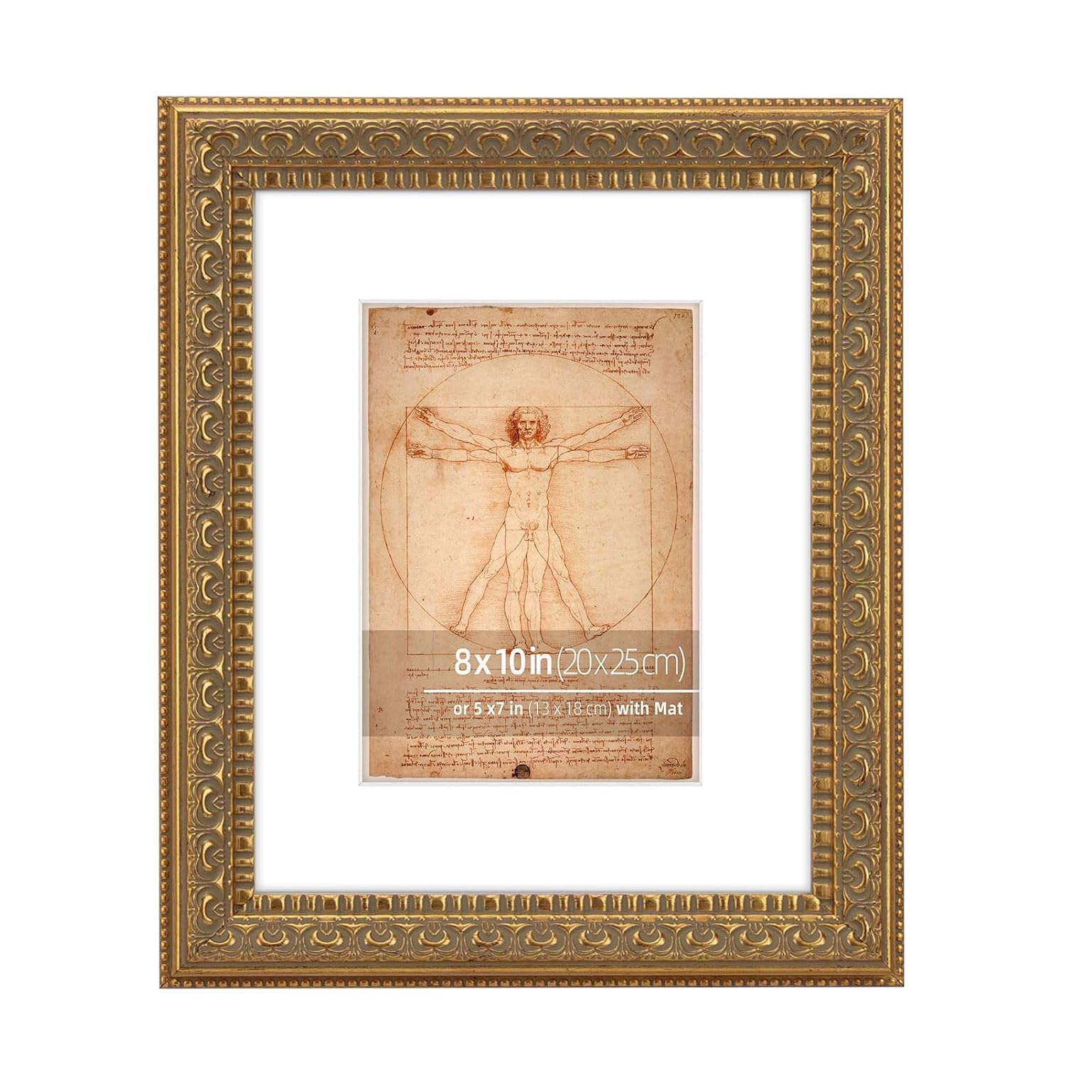 8x10 in Antique Gold Ornate Classic Picture Frame, Matted for 5x7 Photos, Real Glass Protection, Tabletop or Wall Mounting Display