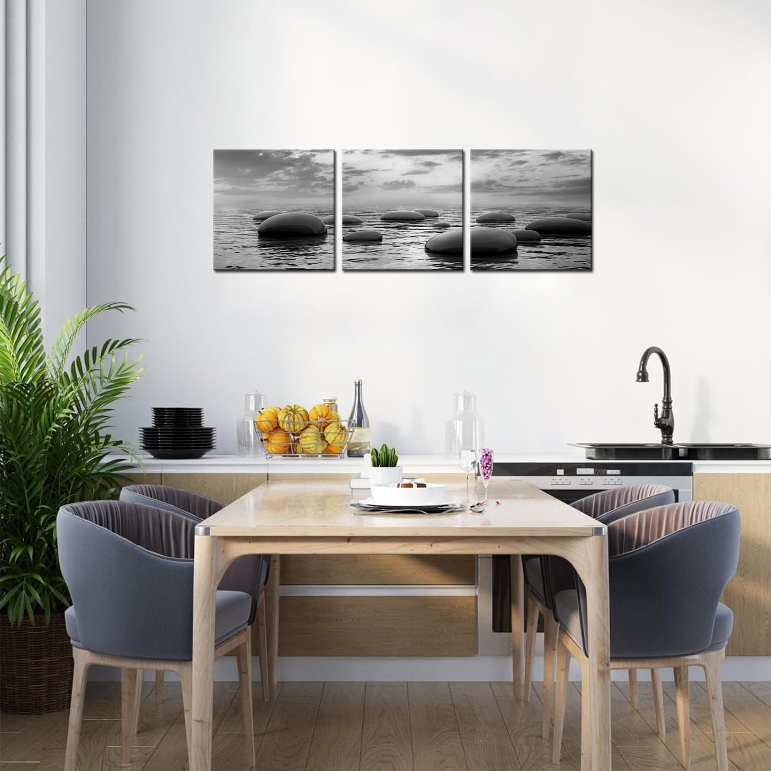 3 Panels Black And White Sea Rock Stone Zen Wall Art Seascape Painting Pictures Print for Home Office Bedroom Bathroom Decor Ready to Hang 12x12inchx3pcs