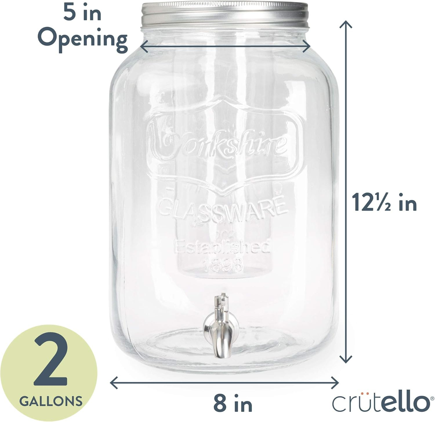 Crutello Outdoor Glass Beverage Dispenser with Stainless Steel Spigot & Ice Cylinder - 2 Gallon Drink Dispenser for Tea, Lemonade, Cold Water & More - A Family-Owned American Brand