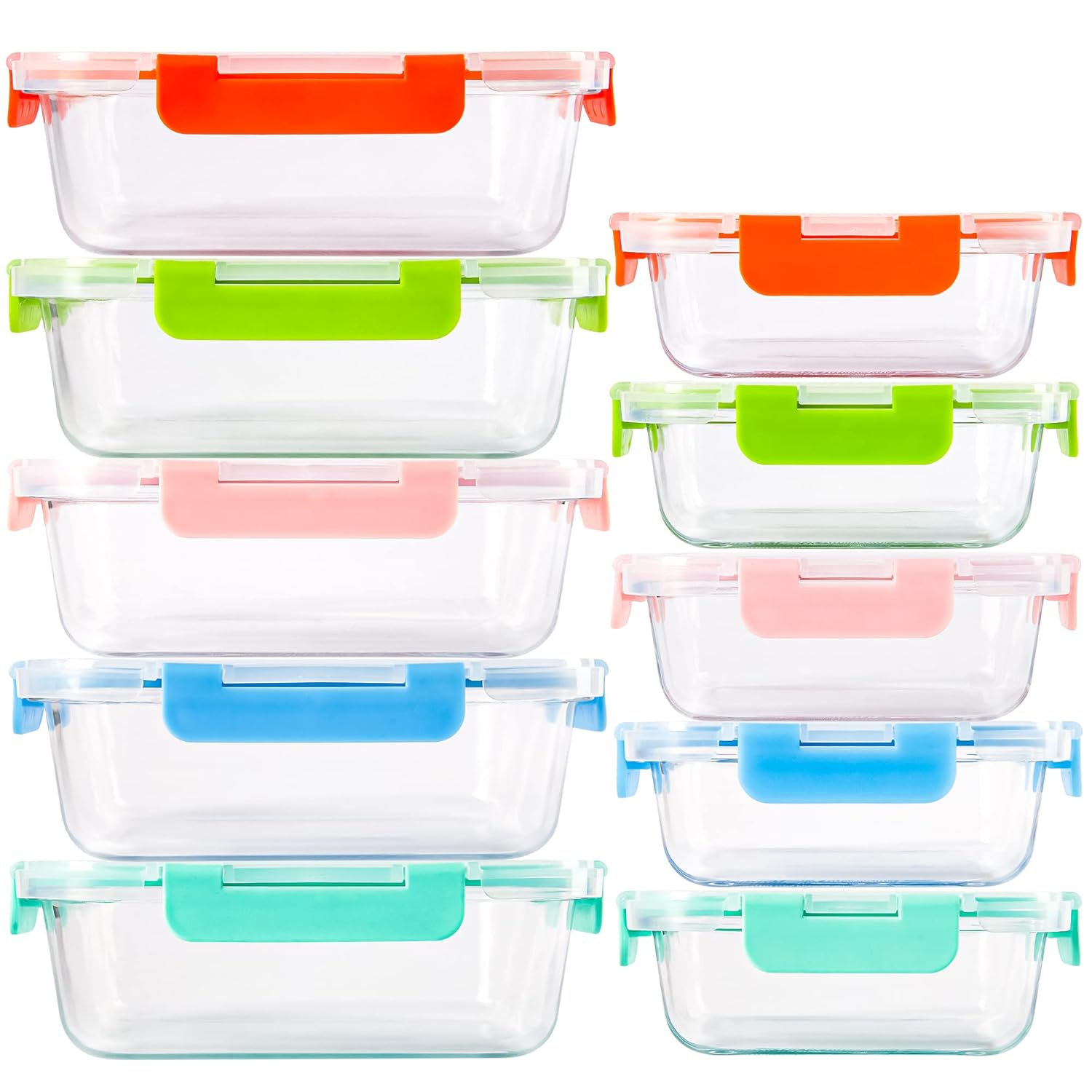 C CREST [10-Pack Glass Food Storage Containers (A Set of Five Colors), Meal Prep Containers with Lids for Kitchen, Home Use - Airtight Glass Lunch Boxes