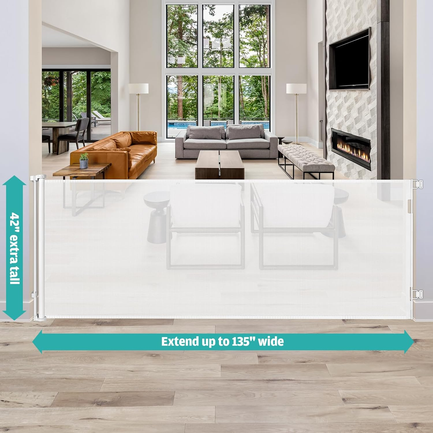 42" Tall X 135" Wide Extra Tall Baby Gates for Dogs - Extra Wide Retractable Pet Gate