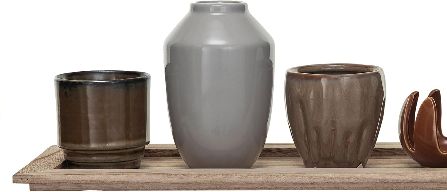 Creative Co-Op 5 Stoneware Votive Candle Holders on a Wood Tray with Reactive Glaze, Multicolor