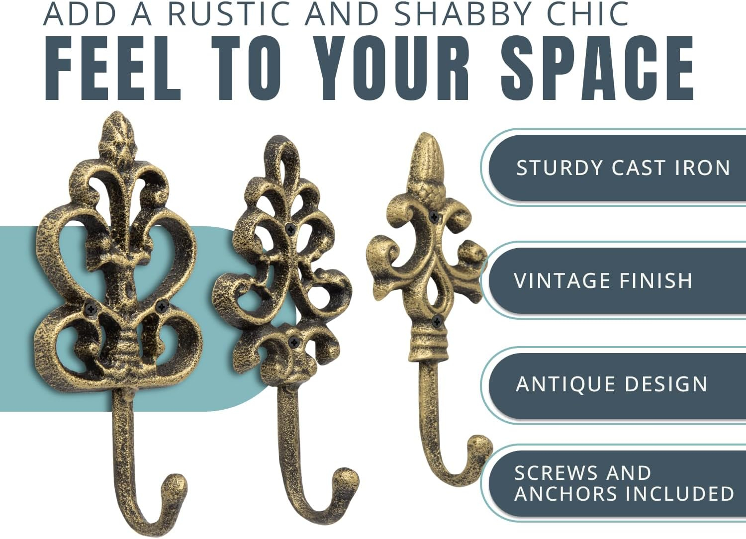 Set of 3 Gold and Black Cast Iron Decorative Wall Hooks