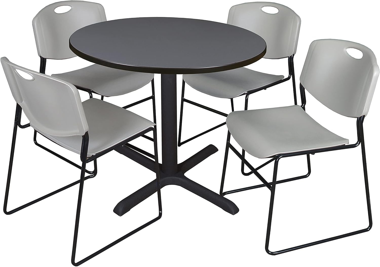 Regency Cain 42 in. Round X-Base Breakroom Table- Grey & 4 Zeng Stack Chairs- Grey