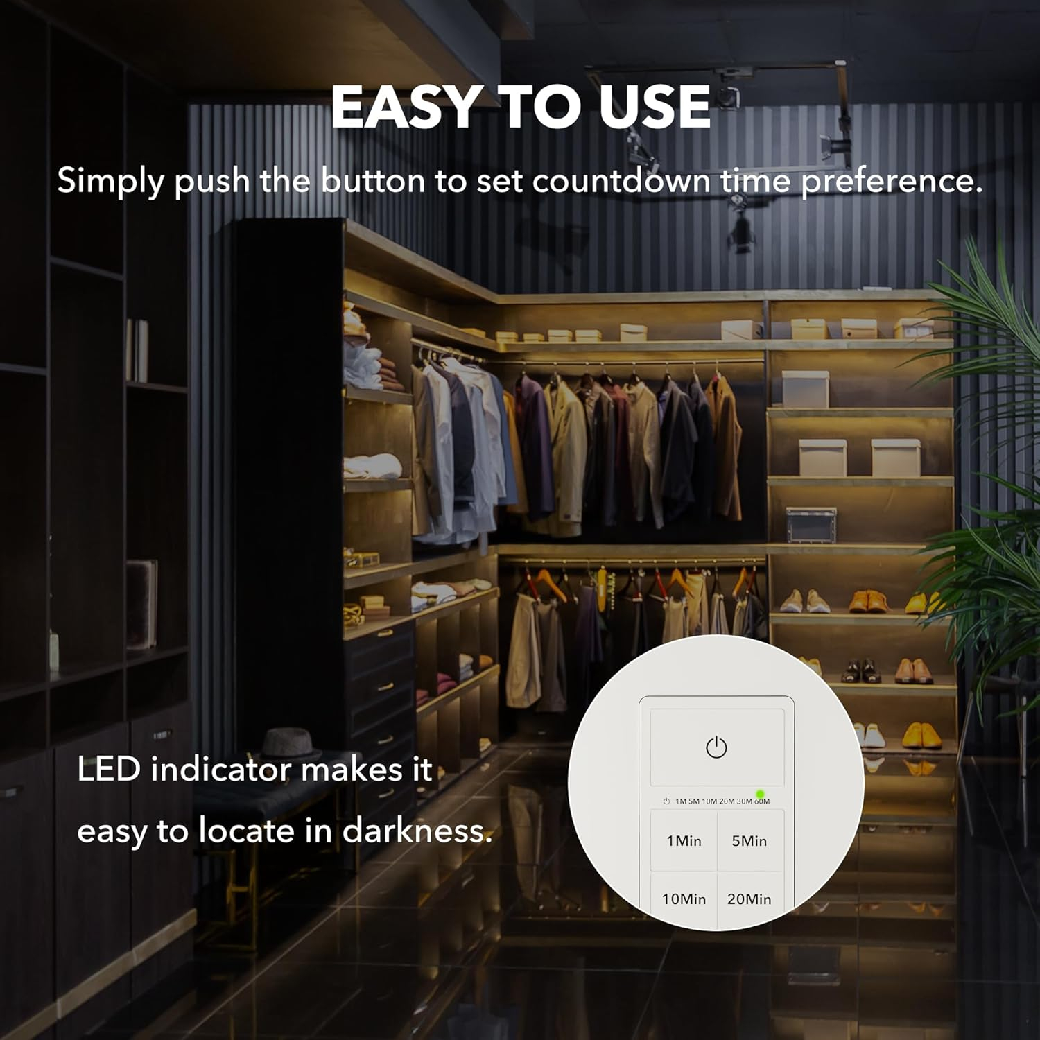 BN-LINK Countdown Timer Switch for Exhaust Fan, Bathroom Fan Light Switch Timer Indoor with Push Button 1-5-10-20-30-60mins, Neutral Wire Required, Free Wall Plate, White
