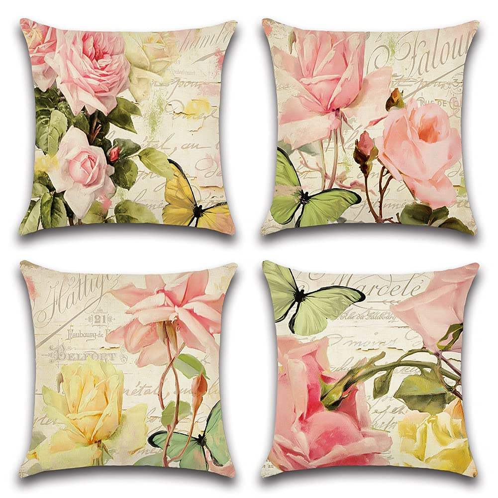 Artscope Set of 4 Waterproof Throw Pillow Covers 18x18 Inches, Pink Roses and Butterfly Pattern Decorative Cushion Covers, Perfect to Outdoor Patio Garden Living Room Sofa Farmhouse Decor