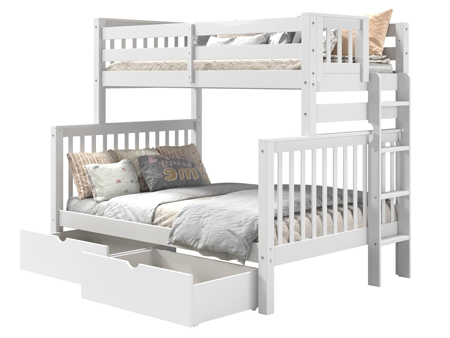 Bedz King Bunk Beds Twin over Full Mission Style with End Ladder and 2 Under Bed Drawers, White